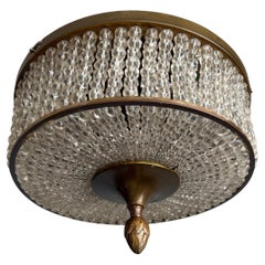 Elegant French Art Deco Flush Mount Ceiling Light with Crystal Beads, circa 1940