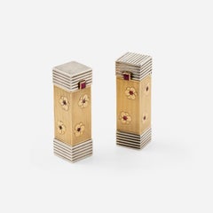 Elegant French Art Deco gold and silver reeded Lipstick Holder with rubies