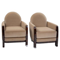 Pair of French Art Déco Macassar Veneered Armchairs Beige Colored Velvet 1930s