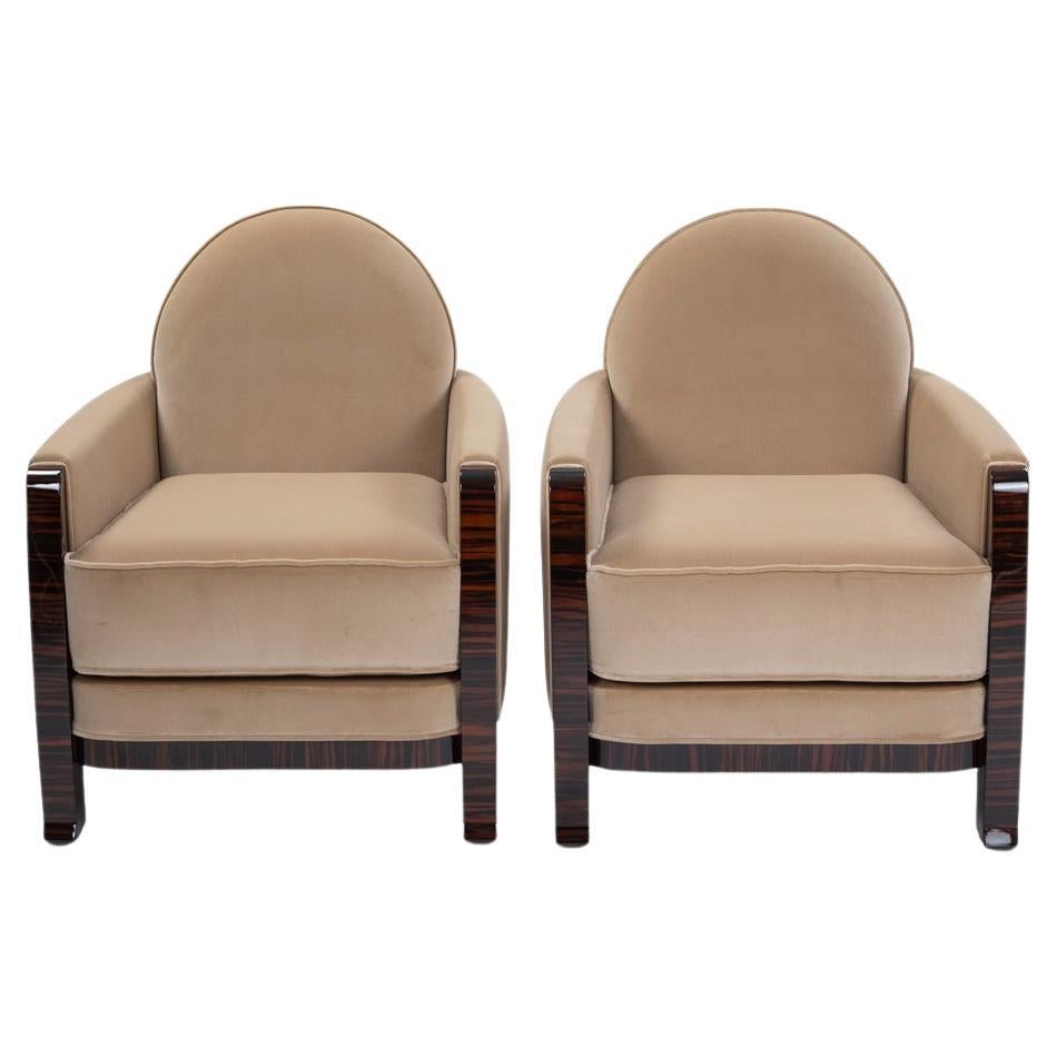 Elegant French Art Déco Macassar Veneered Armchairs Beige Colored Velvet 1930s