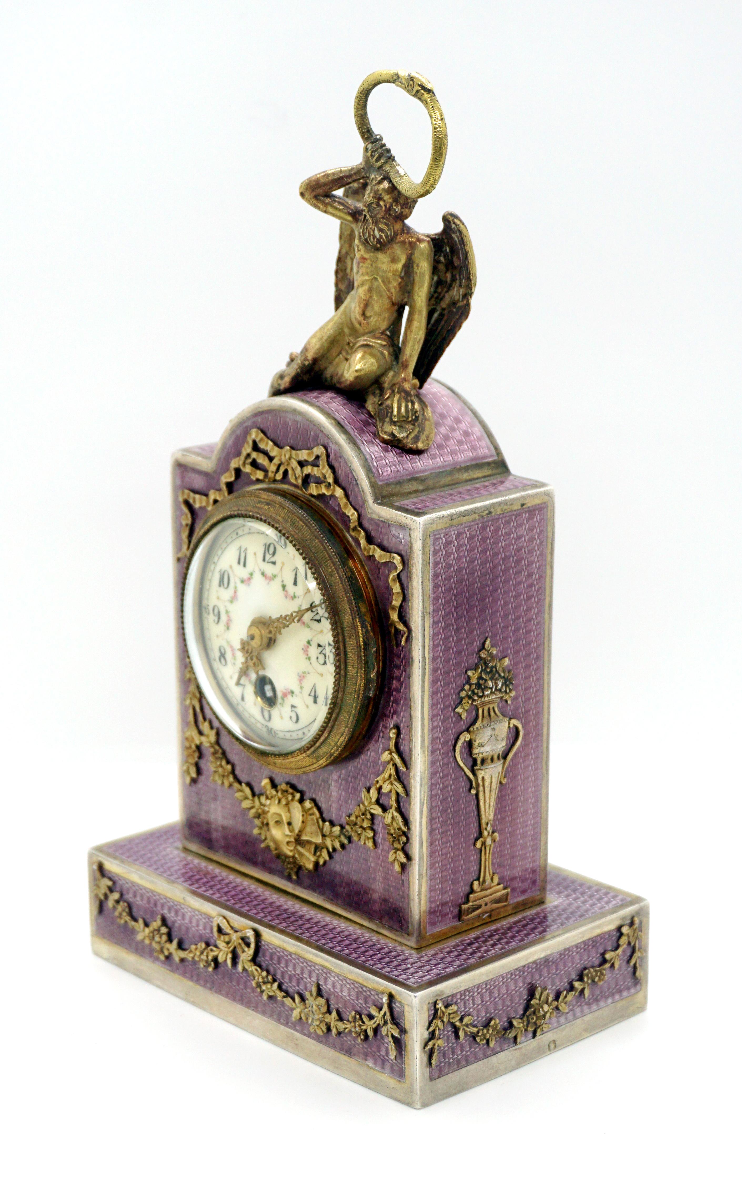 Enameled Elegant French Art Nouveau Table Clock Silver Gouilloche Enamel Brass circa 1900