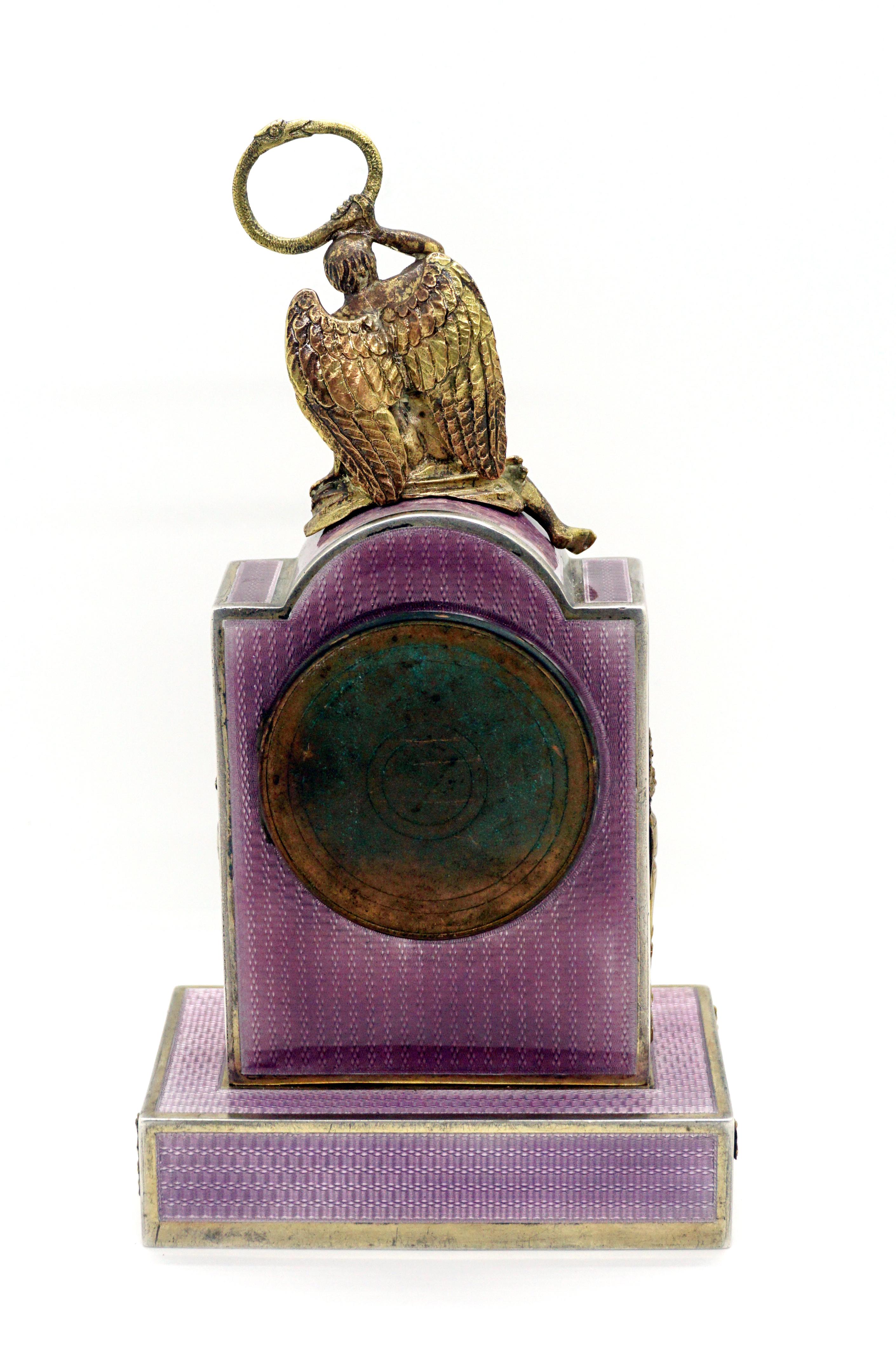 Early 20th Century Elegant French Art Nouveau Table Clock Silver Gouilloche Enamel Brass circa 1900