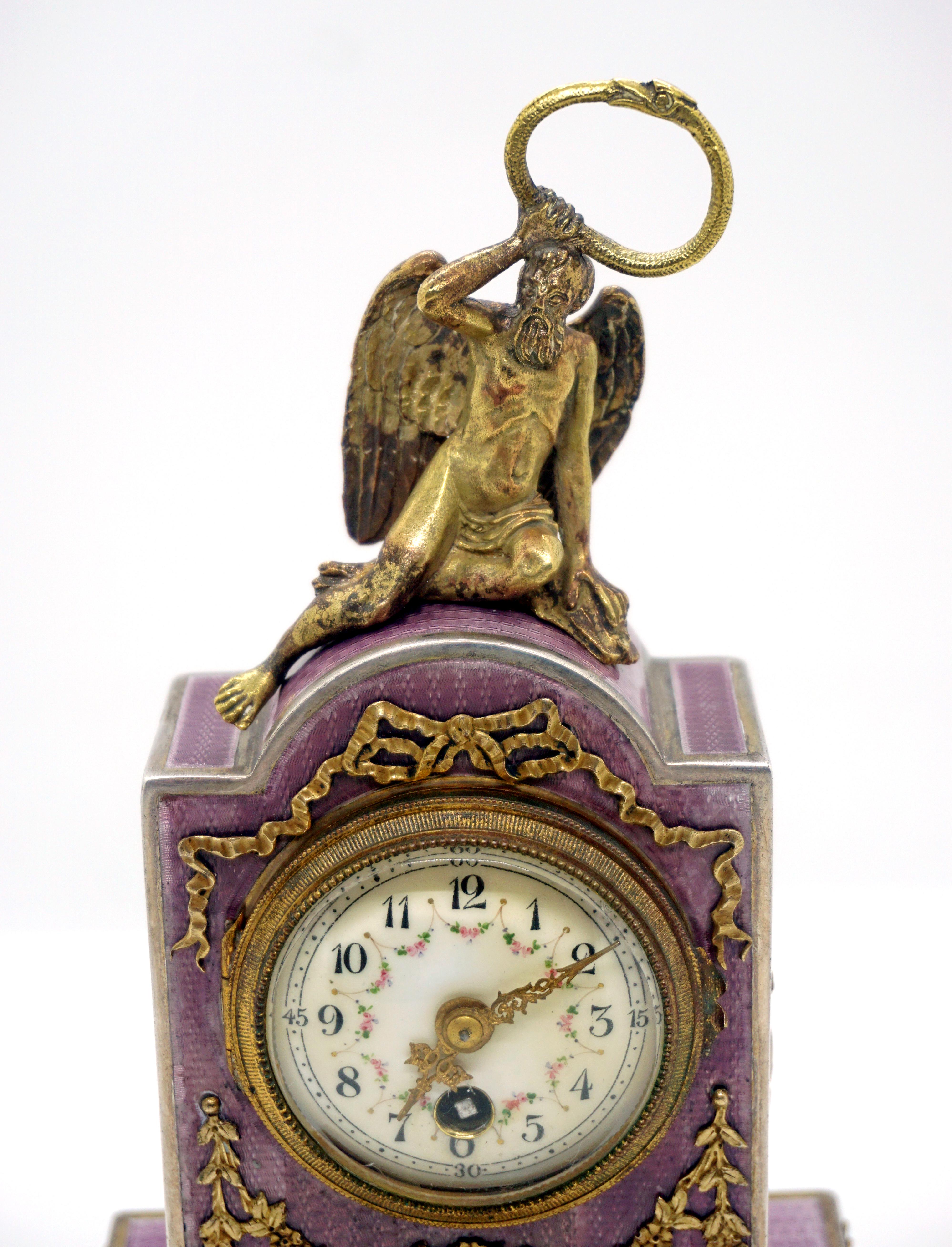 Sterling Silver Elegant French Art Nouveau Table Clock Silver Gouilloche Enamel Brass circa 1900