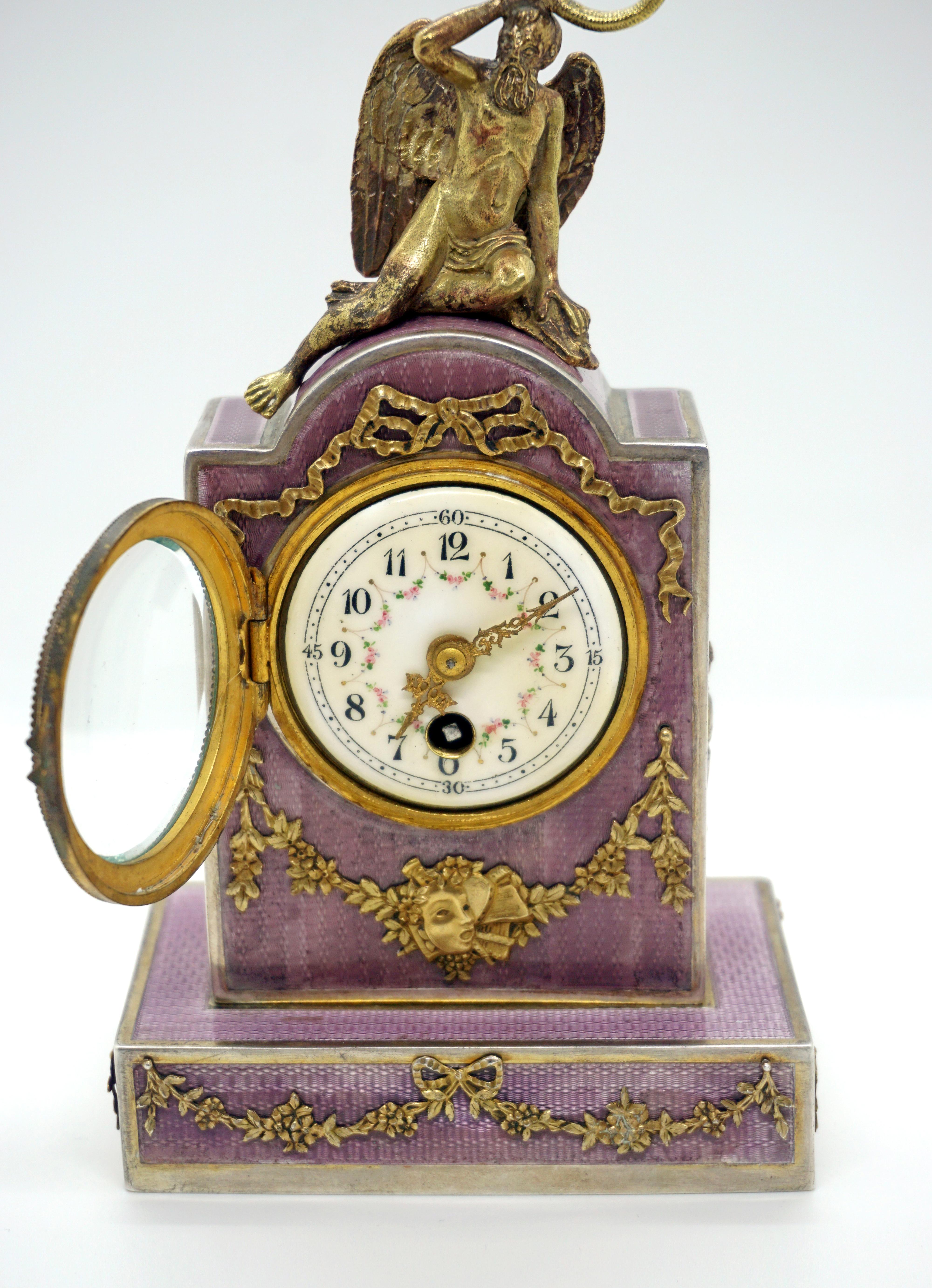 Elegant French Art Nouveau Table Clock Silver Gouilloche Enamel Brass circa 1900 1