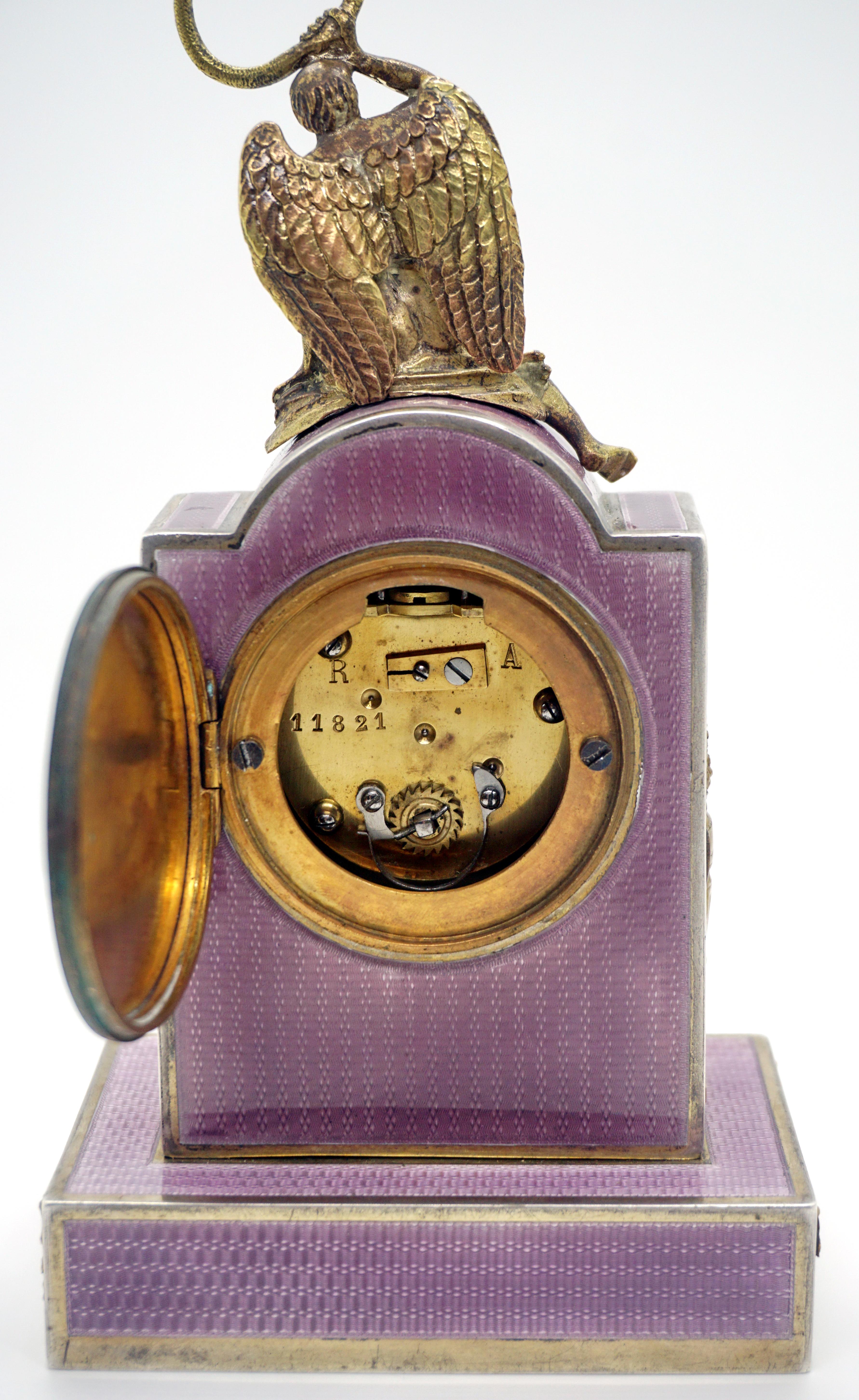 Elegant French Art Nouveau Table Clock Silver Gouilloche Enamel Brass circa 1900 2