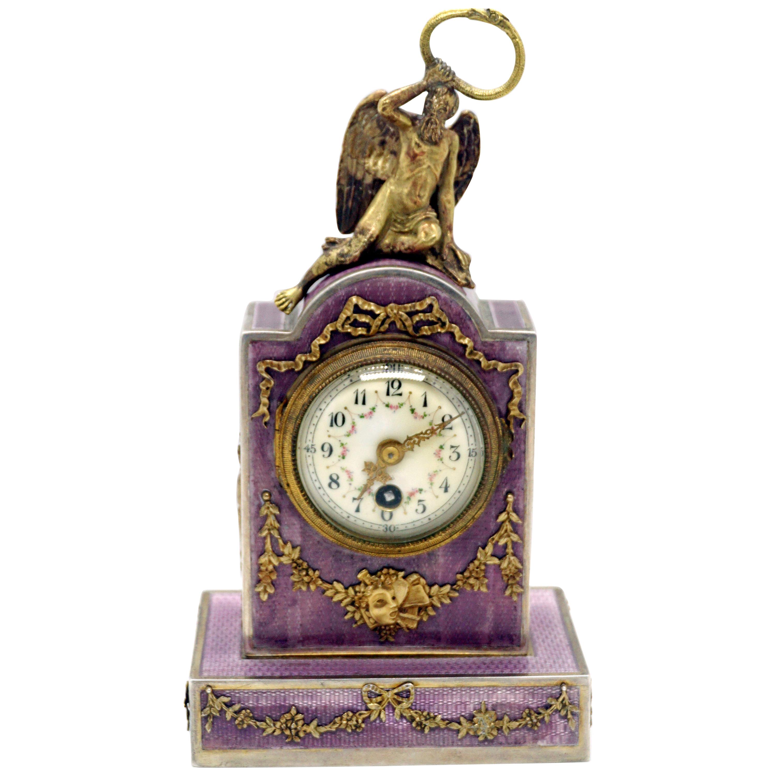 Elegant French Art Nouveau Table Clock Silver Gouilloche Enamel Brass circa 1900
