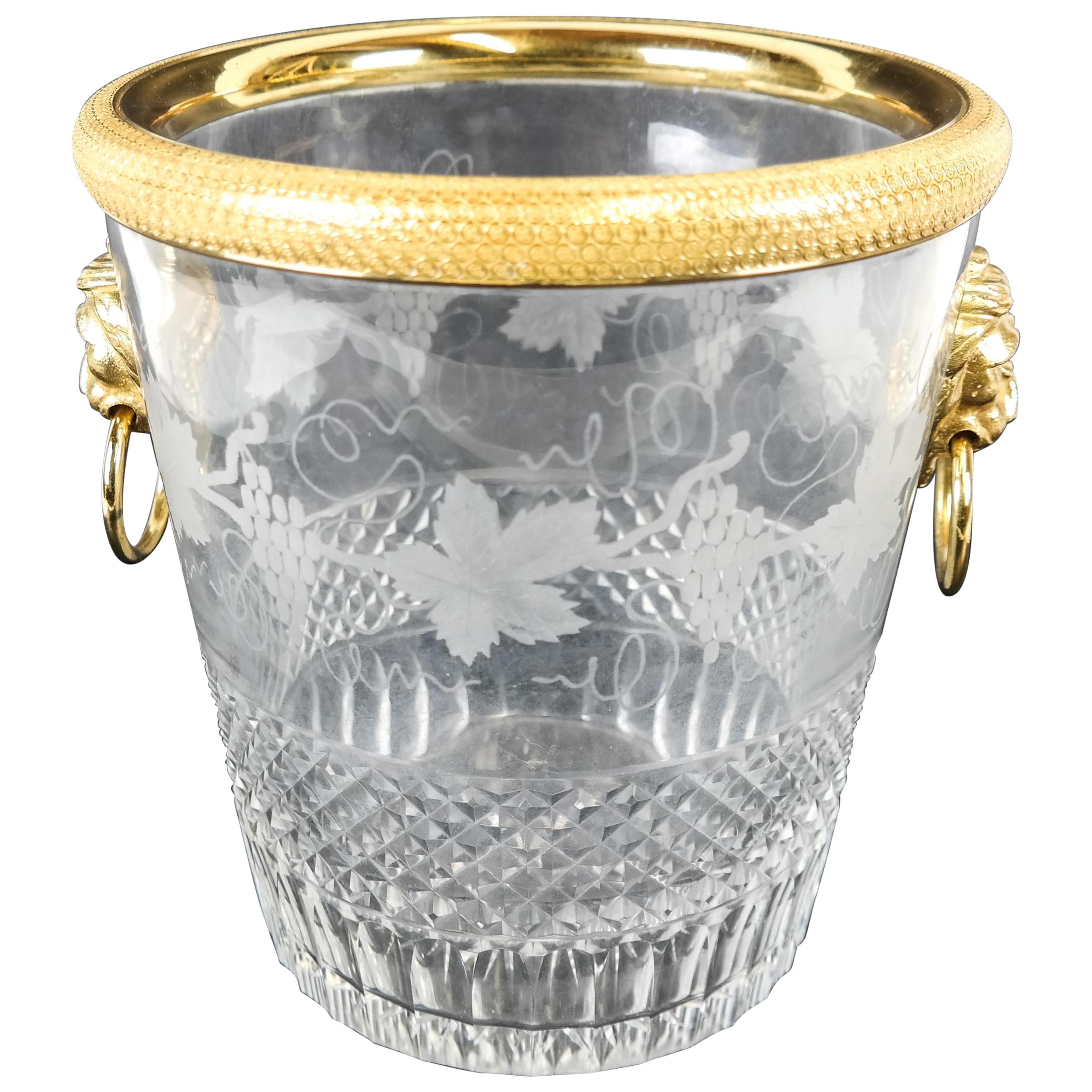 Elegant French Baccarat Lion Handle Bronze Cut Crystal Ormolu Ice Bucket Cooler