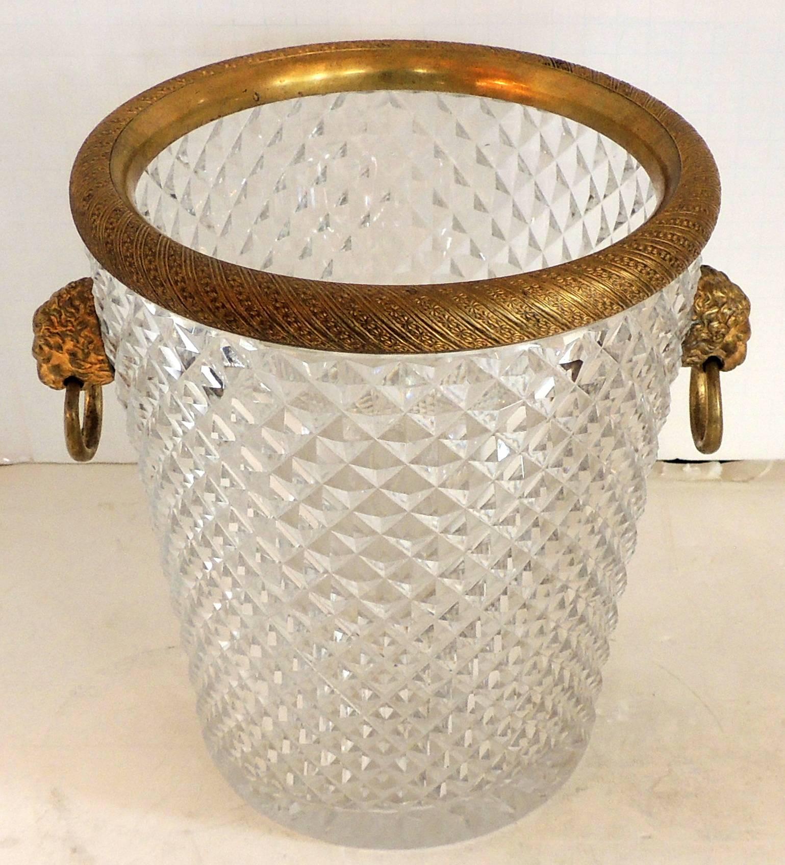 Neoclassical Elegant French Baccarat Lion Handle Dore Bronze Cut Crystal Ormolu Ice Bucket 