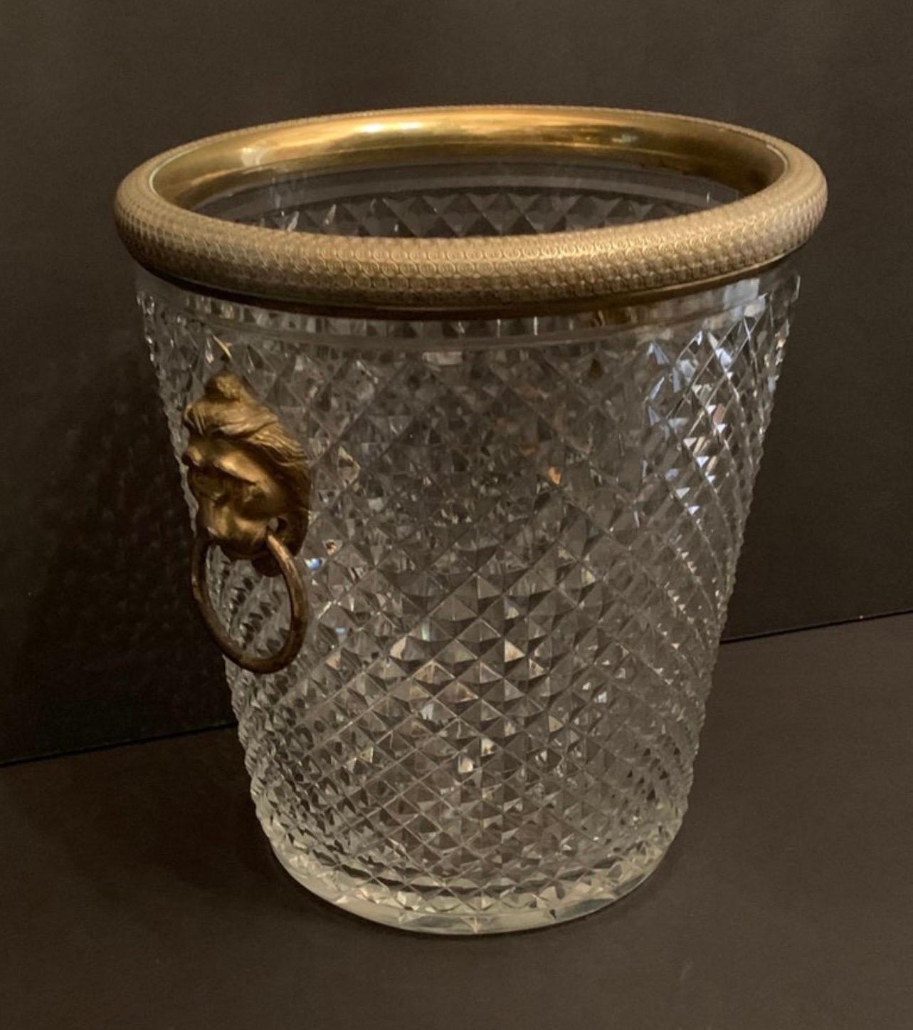 Neoclassical Elegant French Baccarat Lion Handle Dore Bronze Cut Crystal Ormolu Ice Bucket
