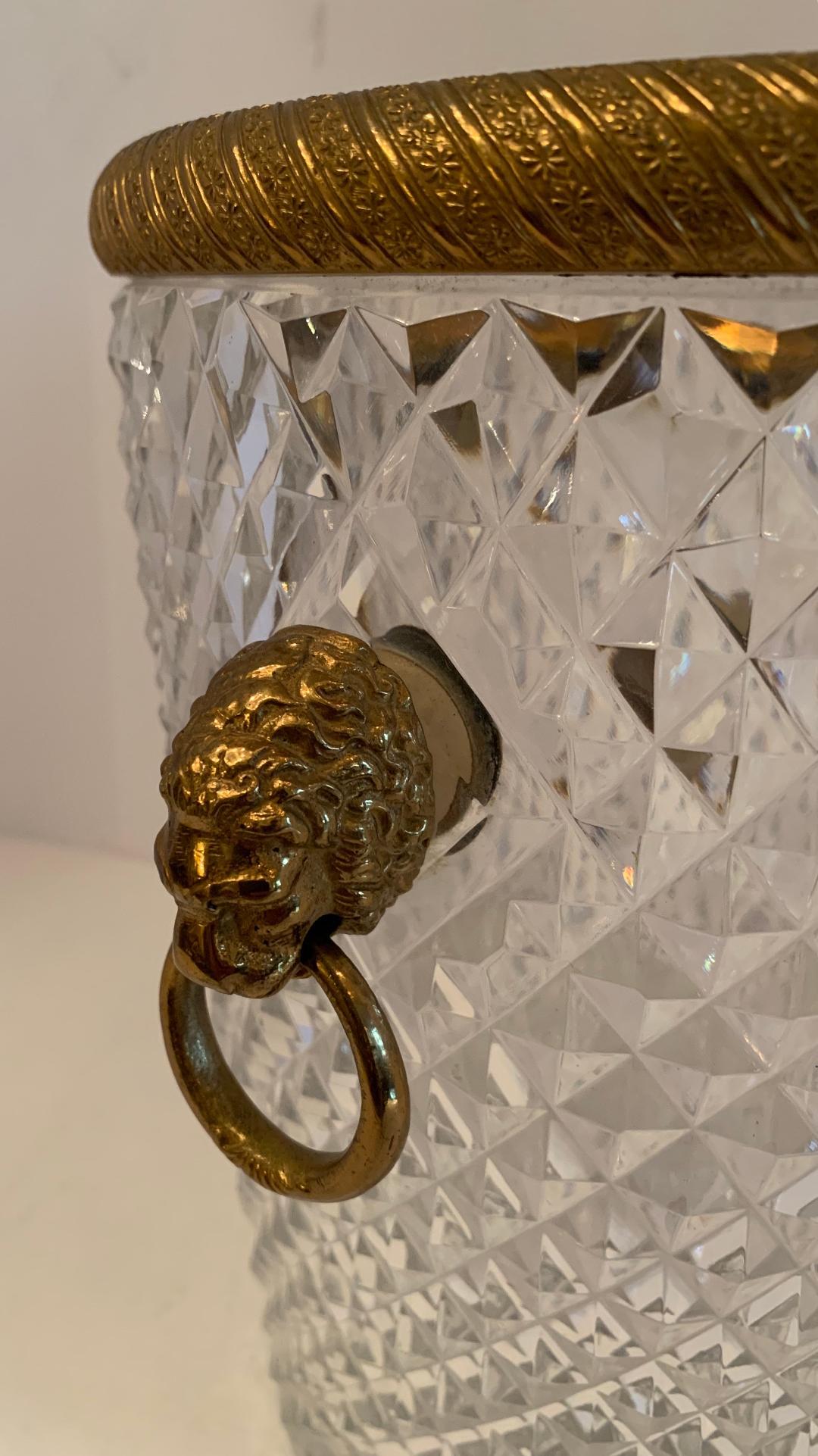 Neoclassical Elegant French Baccarat Lion Handle Doré Bronze Cut Crystal Ormolu Ice Bucket