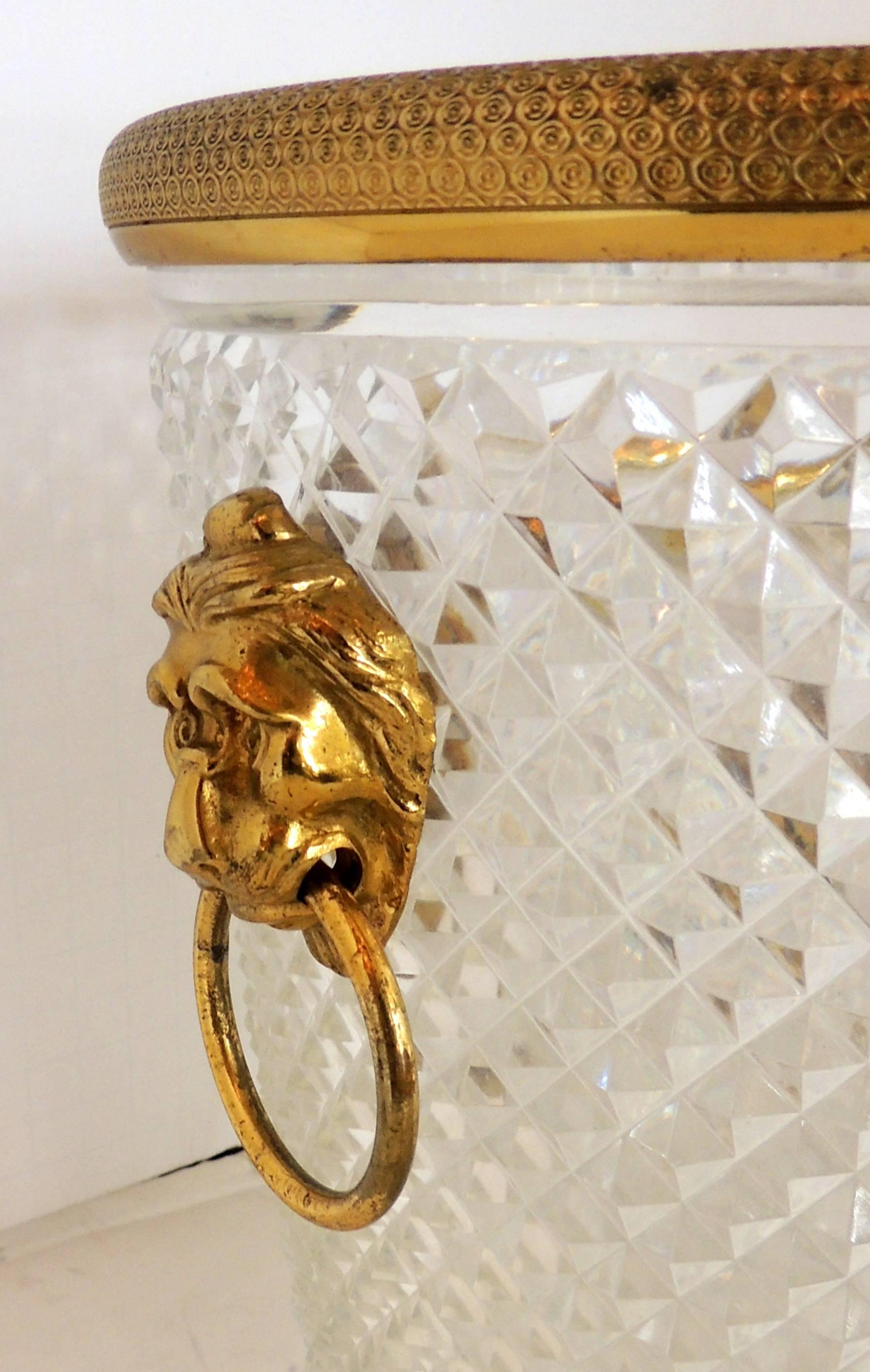 Faceted Elegant French Baccarat Lion Handle Dore Bronze Cut Crystal Ormolu Ice Bucket