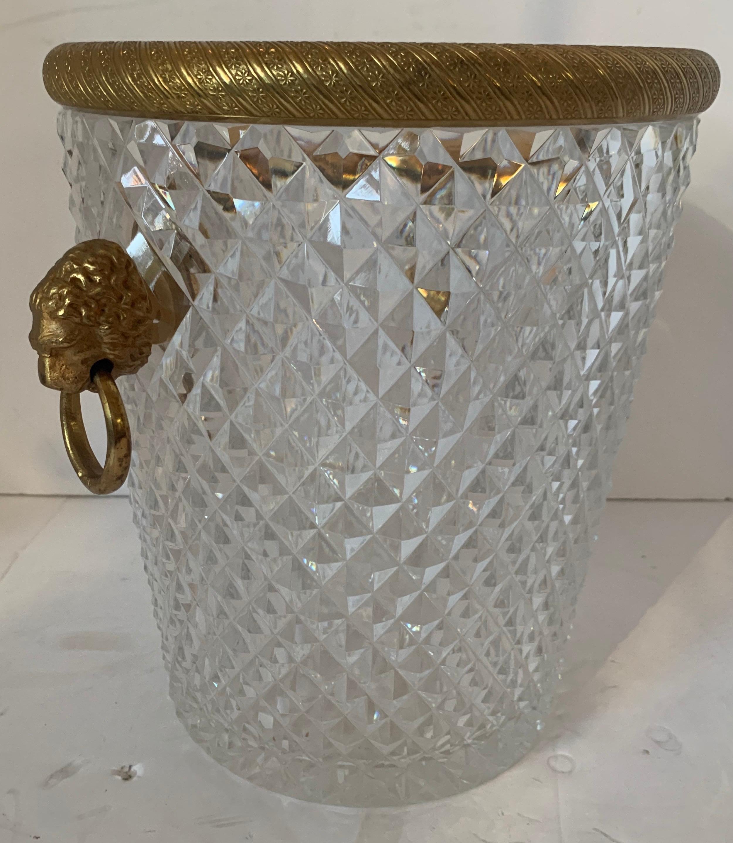 Regency Elegant French Baccarat Lion Handle Doré Bronze Cut Crystal Ormolu Ice Bucket