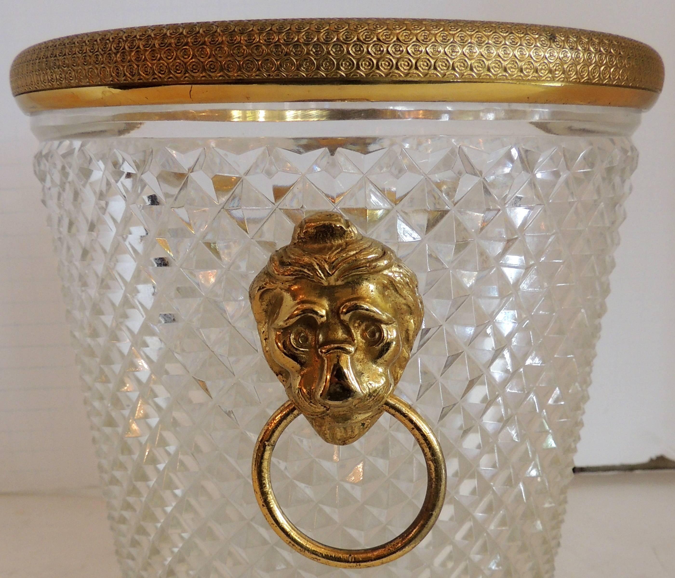 Elegant French Baccarat Lion Handle Dore Bronze Cut Crystal Ormolu Ice Bucket In Good Condition In Roslyn, NY