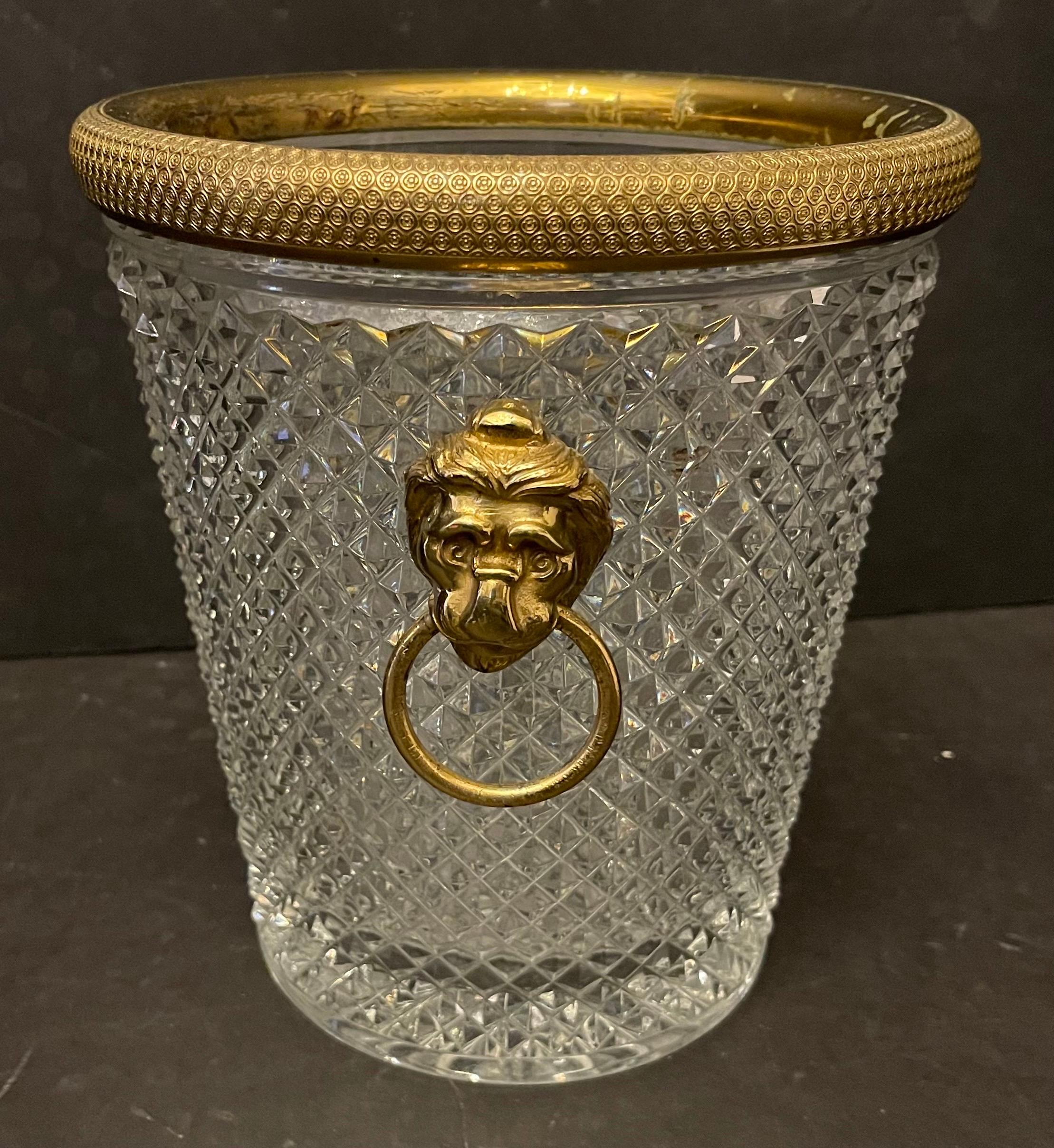 20th Century Elegant French Baccarat Lion Handle Dore Bronze Cut Crystal Ormolu Ice Bucket