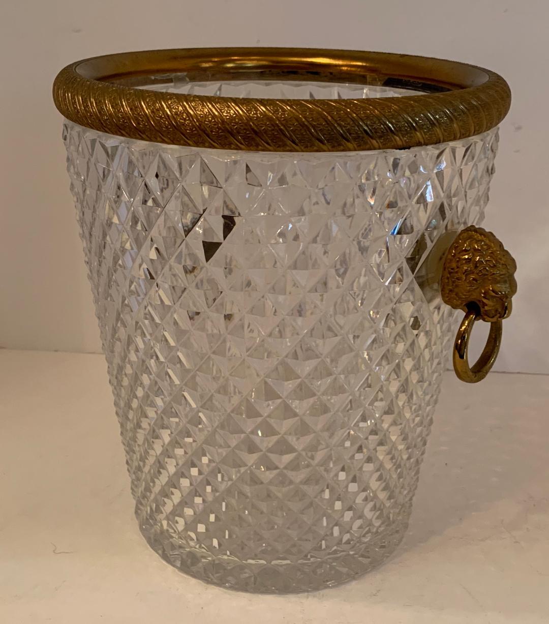 Elegant French Baccarat Lion Handle Doré Bronze Cut Crystal Ormolu Ice Bucket In Good Condition In Roslyn, NY