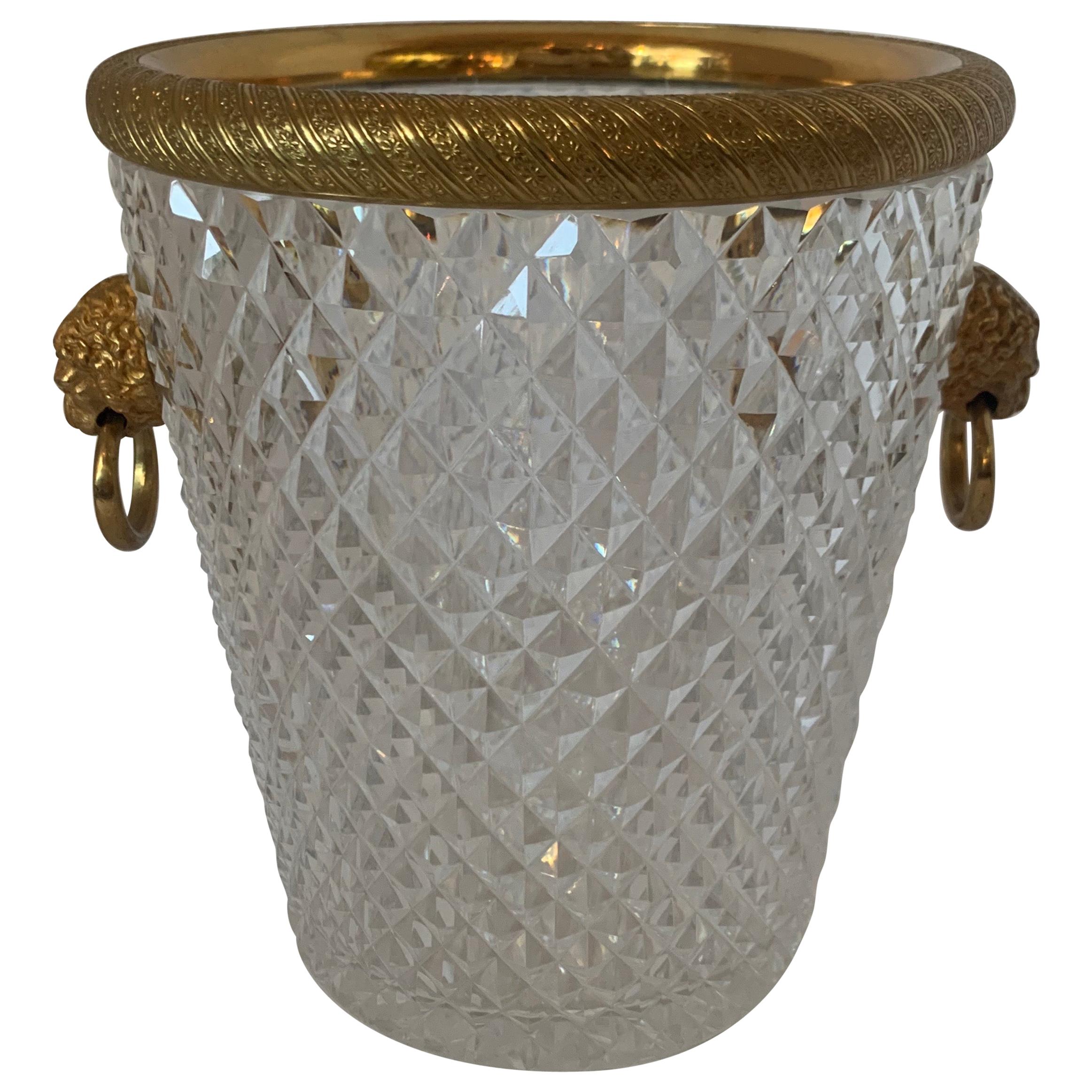 Elegant French Baccarat Lion Handle Doré Bronze Cut Crystal Ormolu Ice Bucket