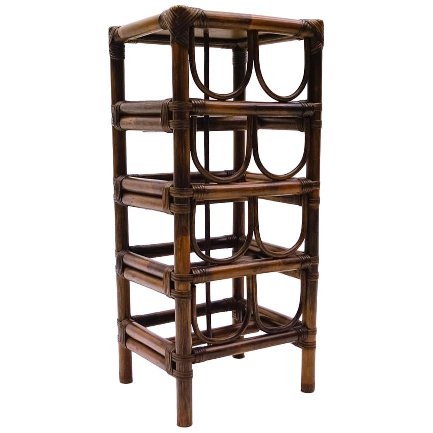 Elegant French Bamboo and Rattan Wine Rack for Eight Bottles with Shelf