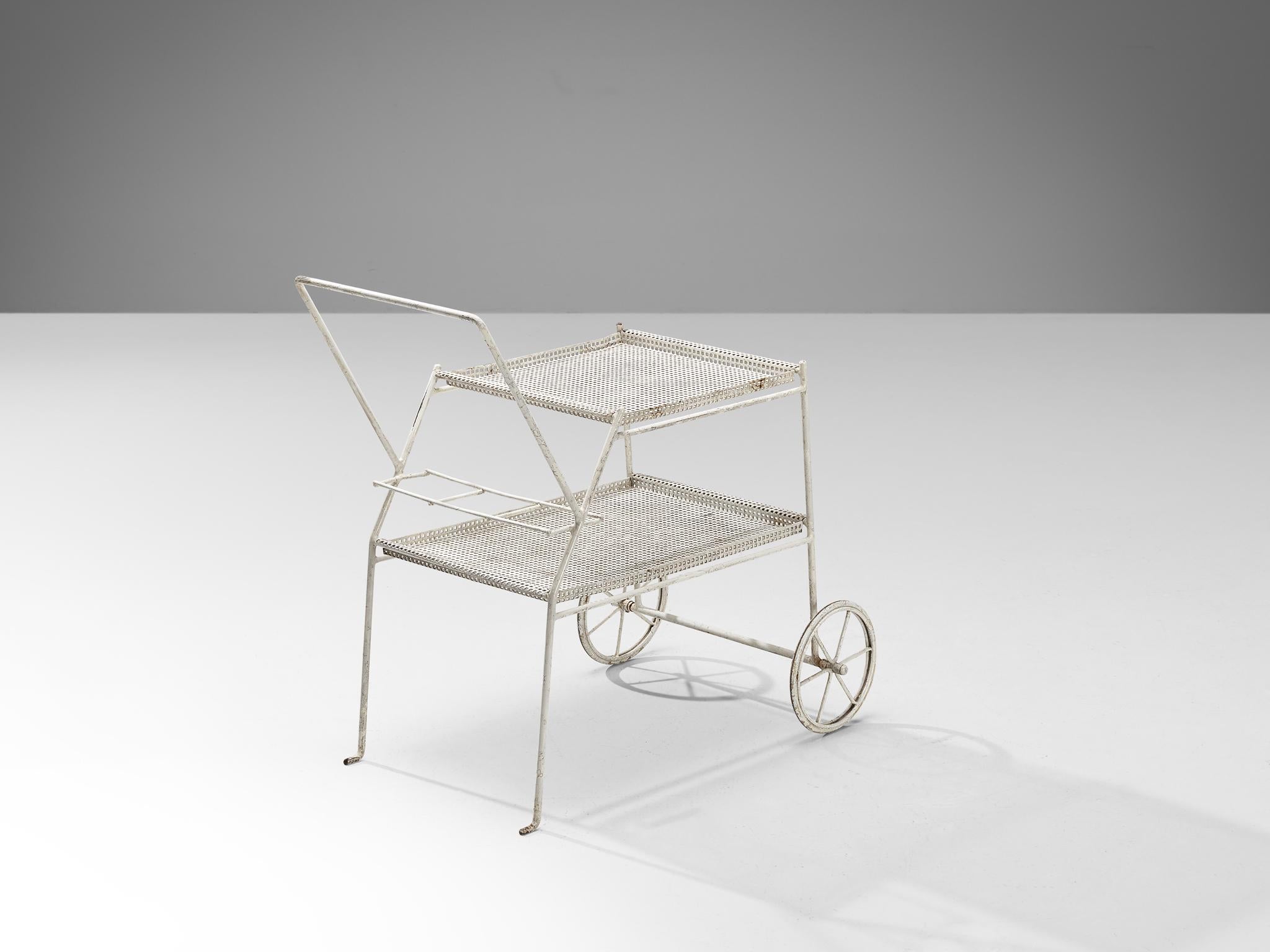 Mid-Century Modern Elegant French Bar Cart with Mesh Framework in Iron For Sale