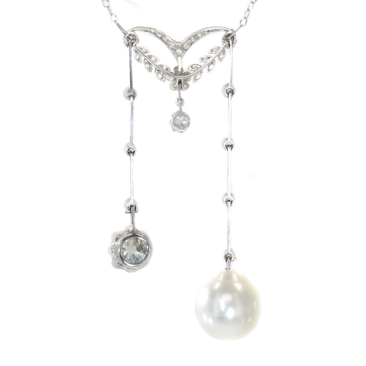 Elegant French Belle Epoque Platinum Diamond Pearl Necklace So-Called Négligé For Sale 1