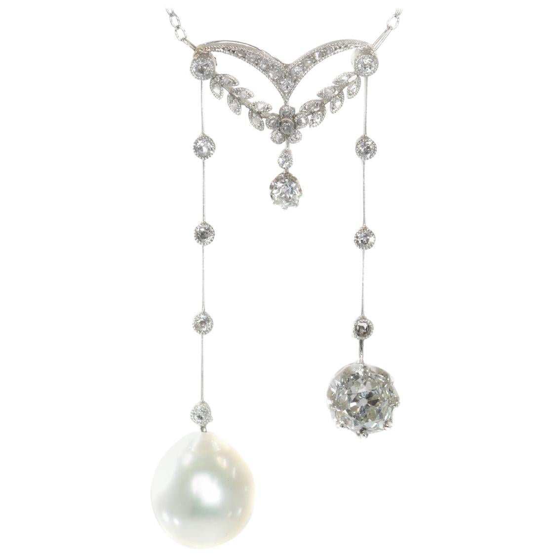 Elegant French Belle Epoque Platinum Diamond Pearl Necklace So-Called Négligé For Sale