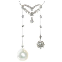 Used Elegant French Belle Epoque Platinum Diamond Pearl Necklace So-Called Négligé