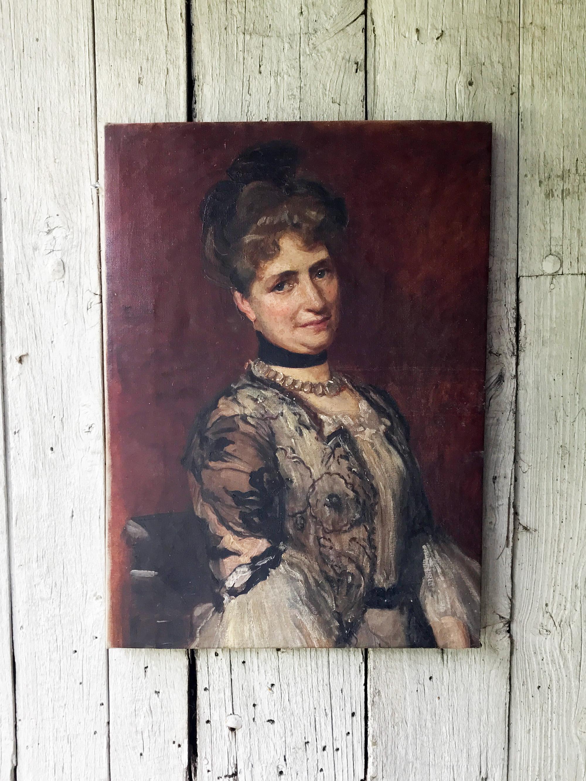 Elegante Retrato de Dama de la Belle Époque Francesa - Óleo sobre Lienzo, c. 1880-1900 (Sin Marco)

Elegante y atmosférico retrato al óleo francés de una dama, pintado durante el periodo de la Belle Époque (hacia 1880-1900). Capturada en tonos