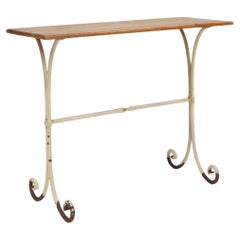 Elegant French bistro table with beige metal base and oak top, ca. 1950
