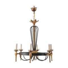 Elegant French Black and Gold Iron Chandelier from the Mid-20th Century