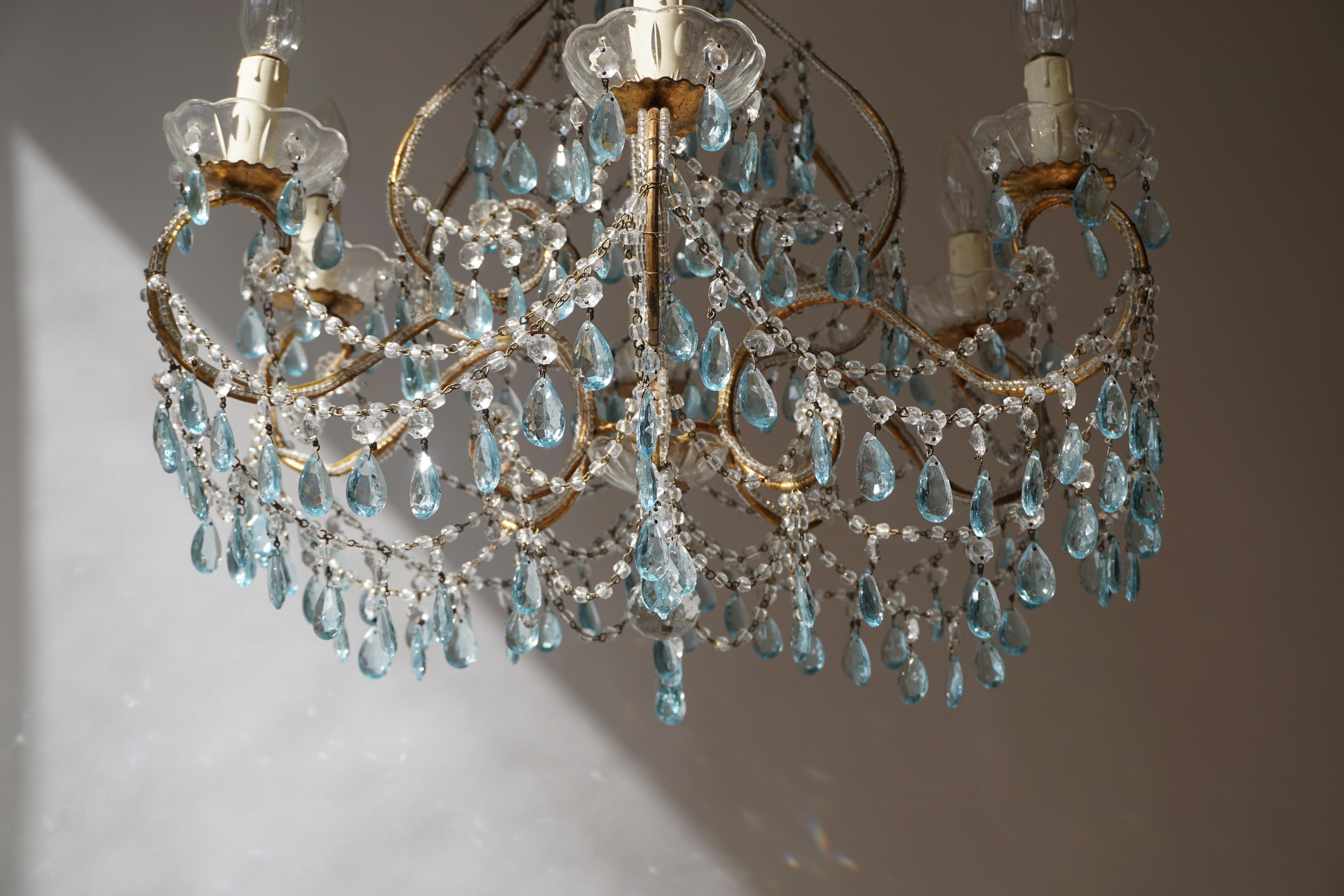 Hollywood Regency Elegant French Brass and Glass Chandelier For Sale