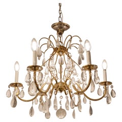 Elegant French Brass Chandelier with Teardrop Crystals, 1950s