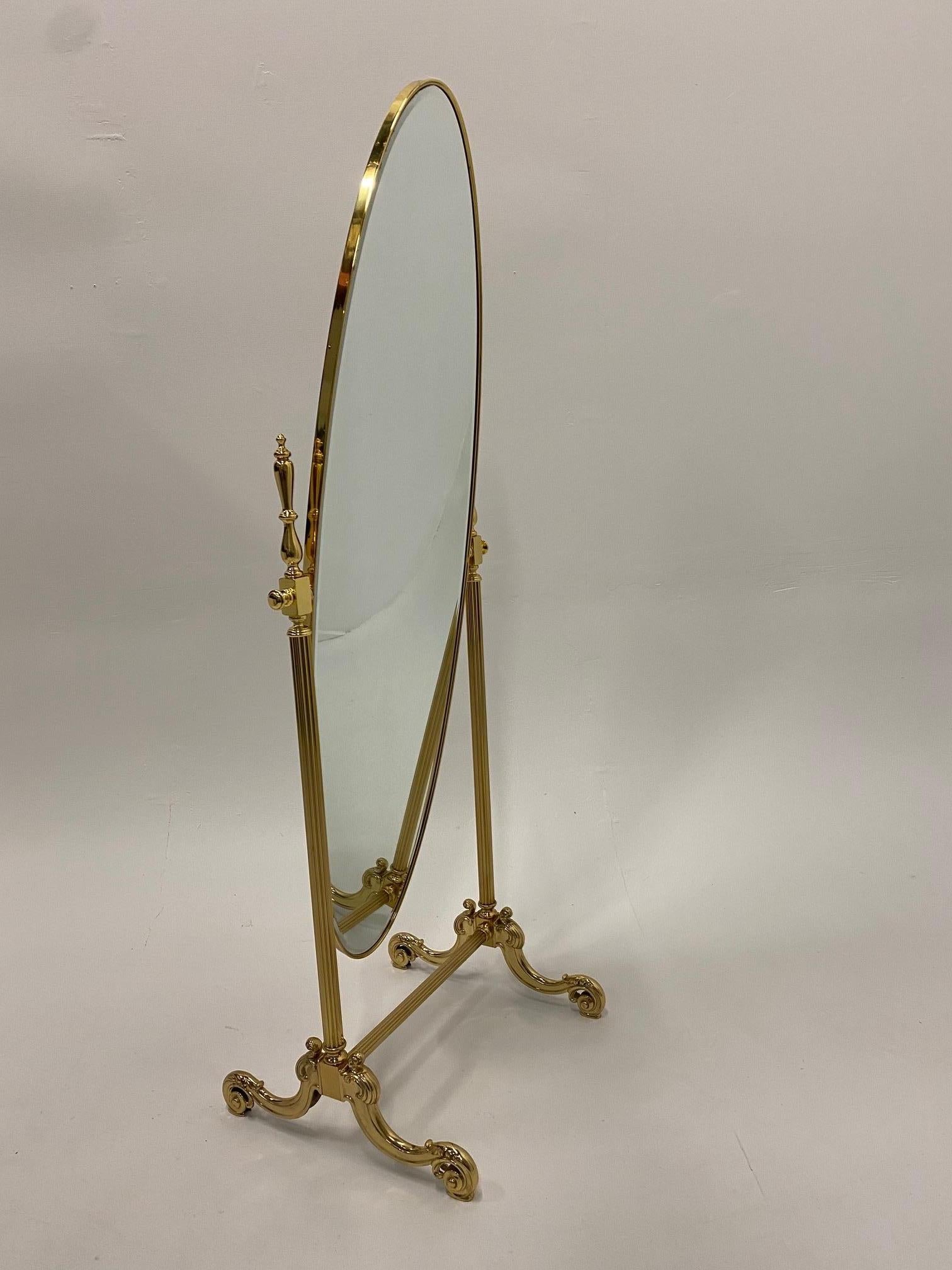 Elegant French Brass Cheval Full Length Standing Mirror In Good Condition In Hopewell, NJ