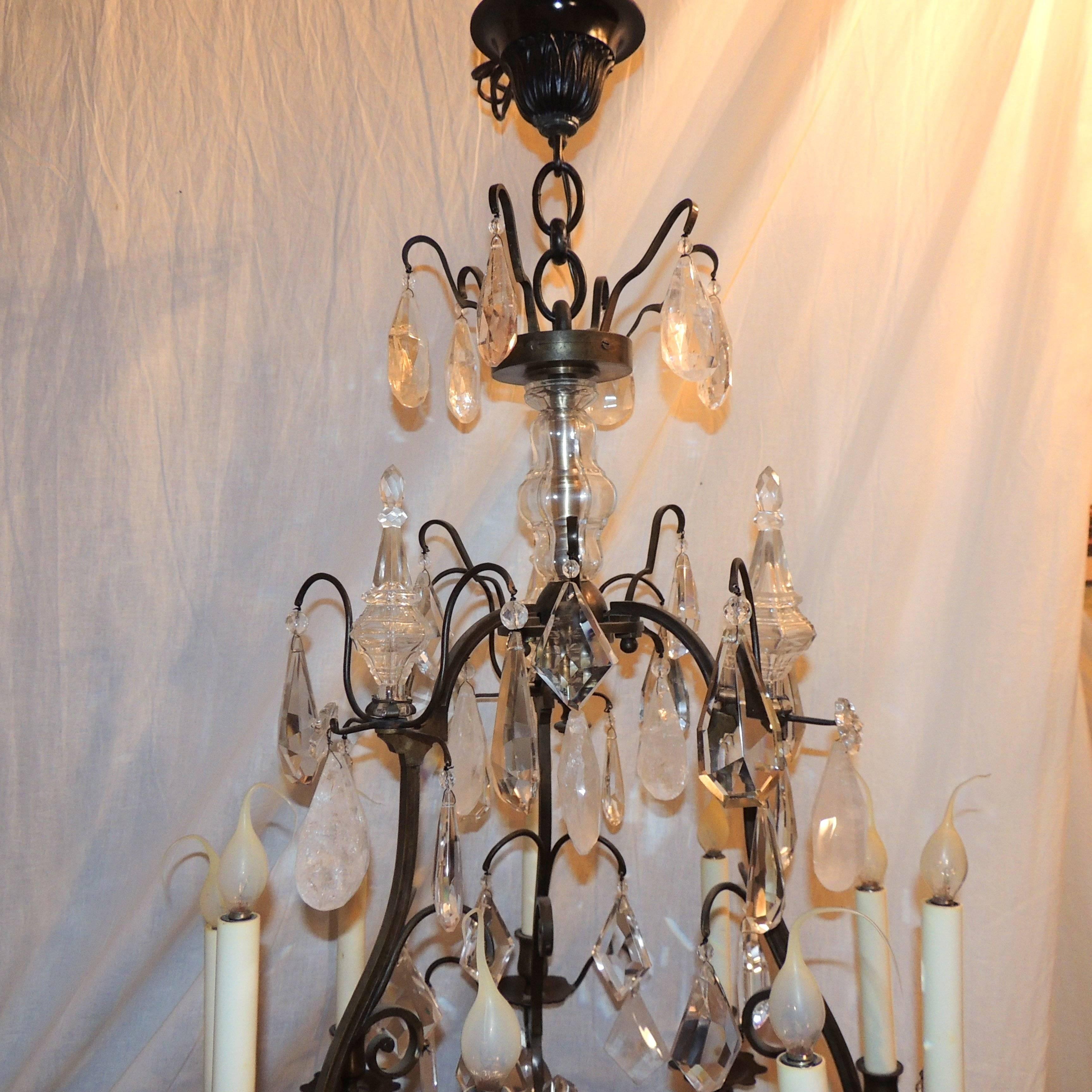 Elegant French Bronze Ten-Light Rock Crystal Bird Cage Baguès Patina Chandelier In Good Condition For Sale In Roslyn, NY