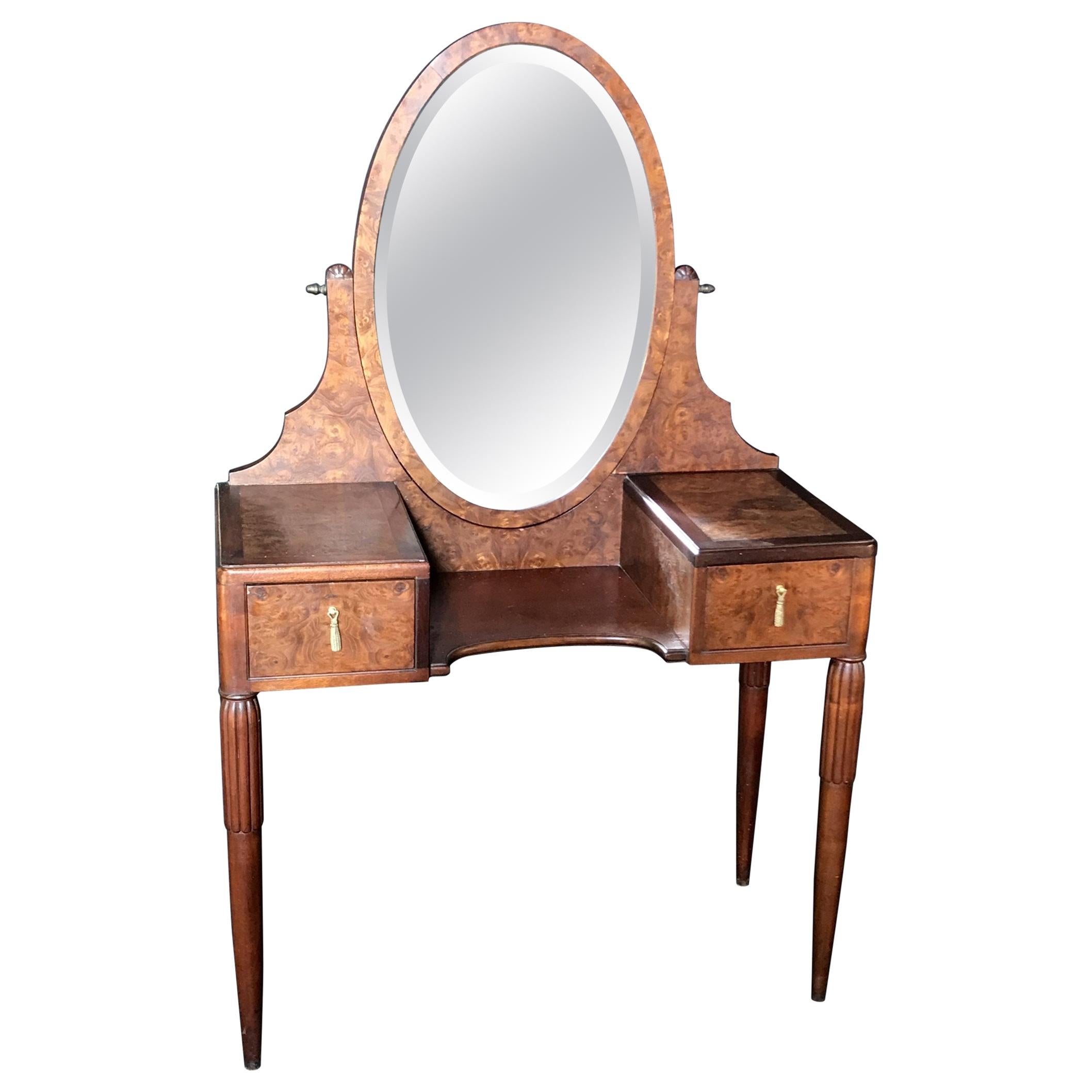 Elegant French Burled Walnut Dressing Table Vanity with Beveled Mirror
