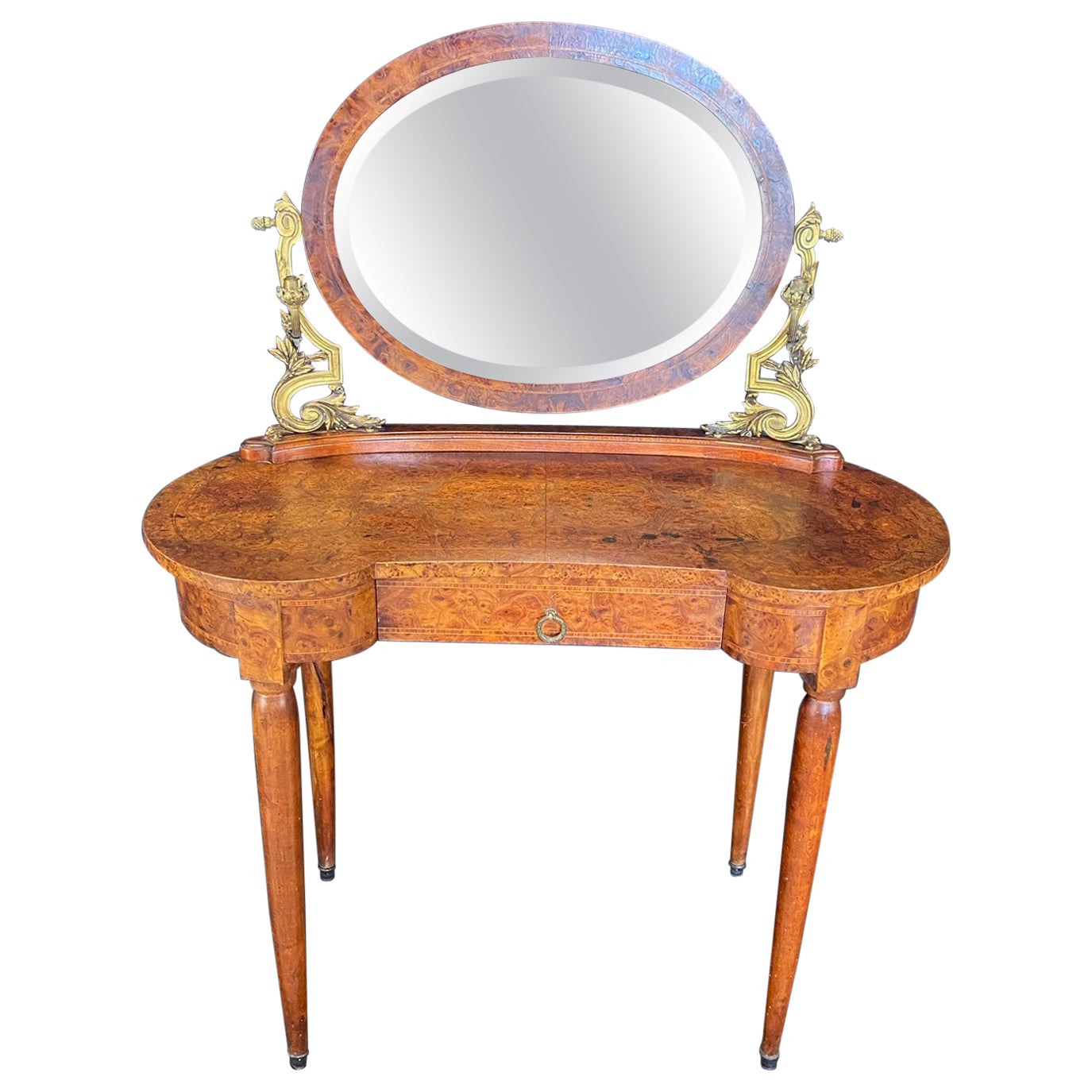 Elegant French Burled Walnut Dressing Table with Bronze Mounted Side Candelabra