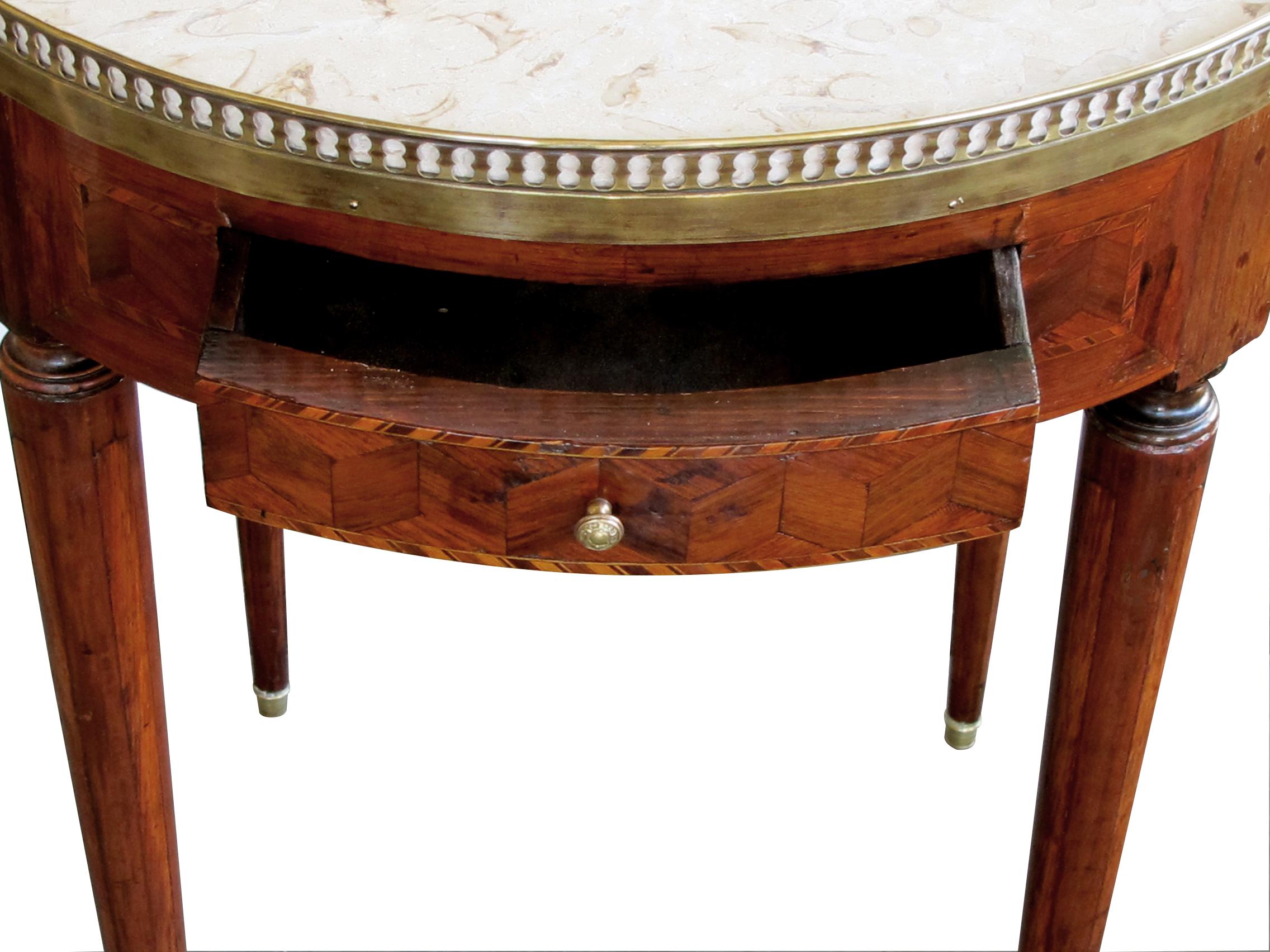 Parquetry Elegant French Directoire Circular Bouillotte Table with Fossilized Marble Top