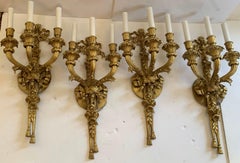 Elegant French Doré Bronze Three-Arm Bow Top Flower Bouquet Pair Of Sconces