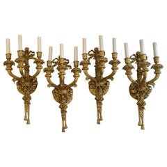 Elegant French Doré Bronze Three-Arm Bow Top Flower Bouquet Pair Of Sconces