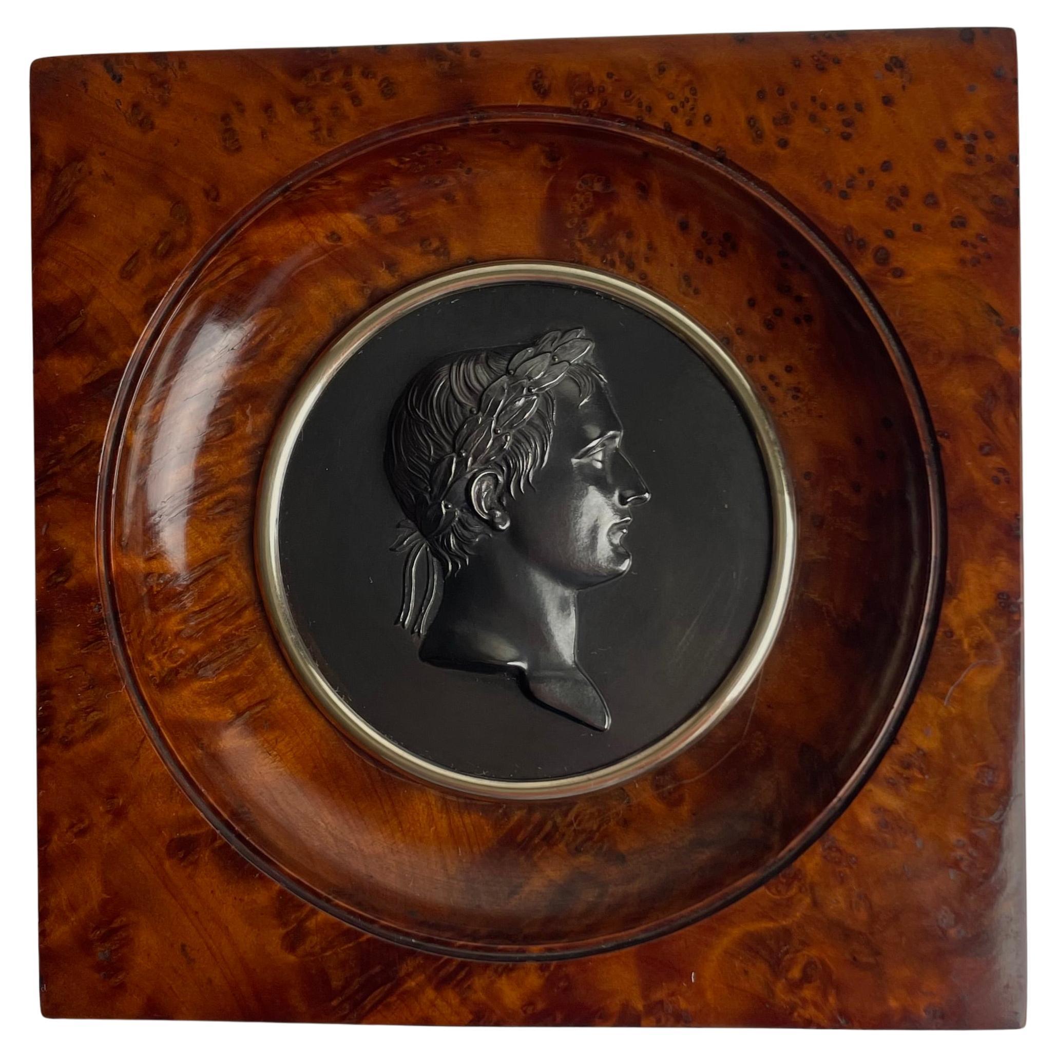 Elegante Relieve de Bronce Imperio Francés de Napoleón I en Marco de Madera de Thuja