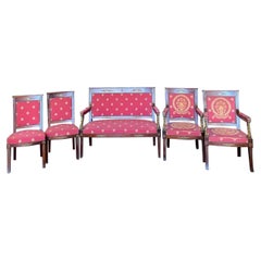Antique Elegant French Empire Five Piece Mahogany Salon Set with Bronze Swan Decoration