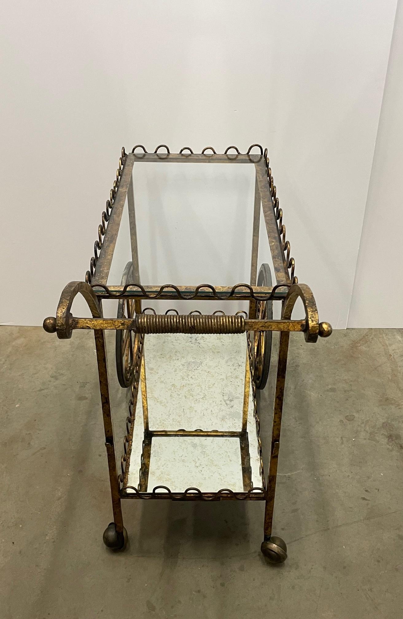 Elegant French Gilt Iron Bar Cart with Scalloped Galleries 3