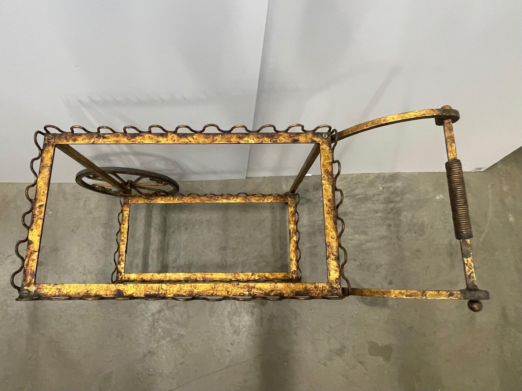 Mid-Century Modern Elegant French Gilt Iron Bar Cart with Scalloped Galleries