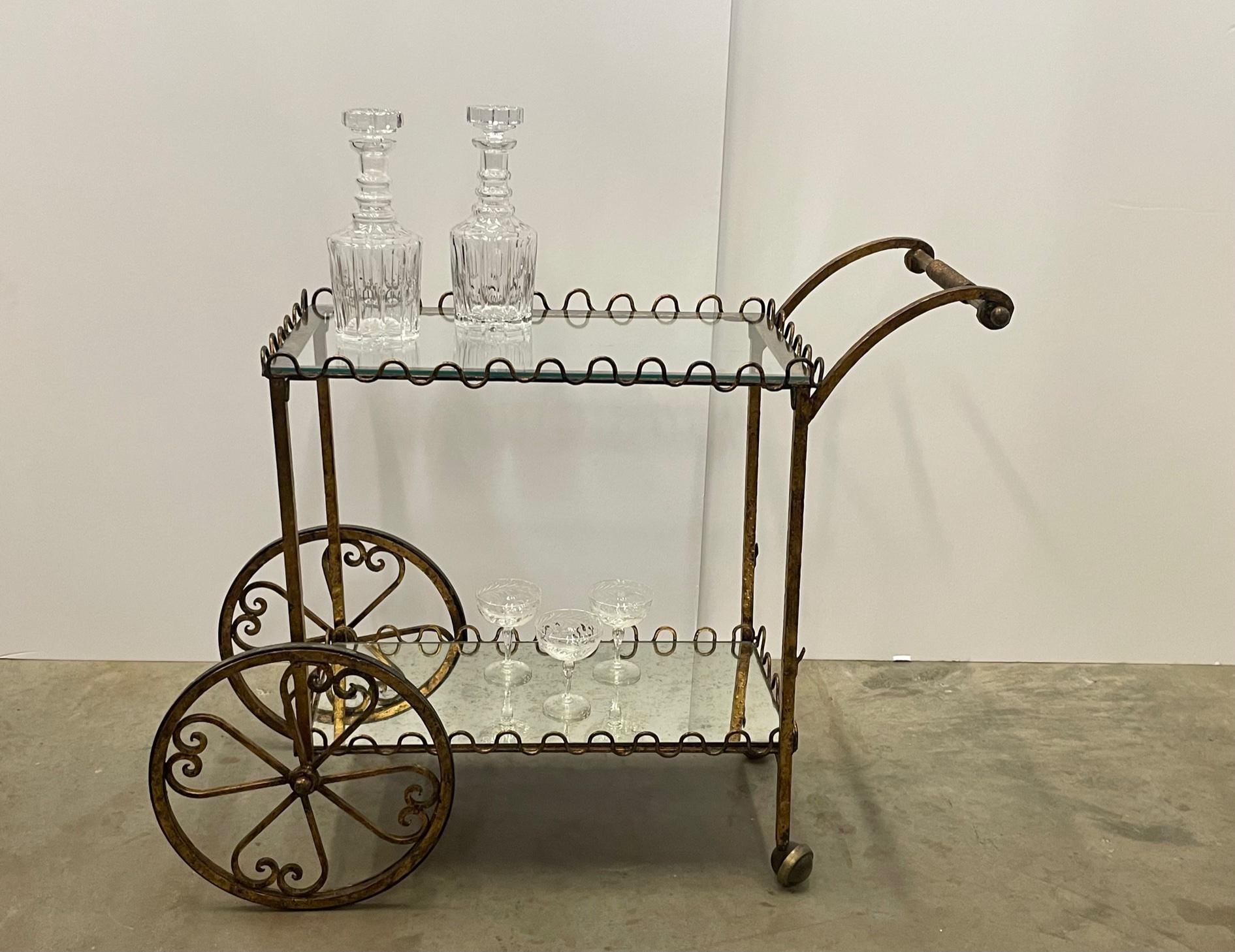 Elegant French Gilt Iron Bar Cart with Scalloped Galleries In Good Condition In Hopewell, NJ