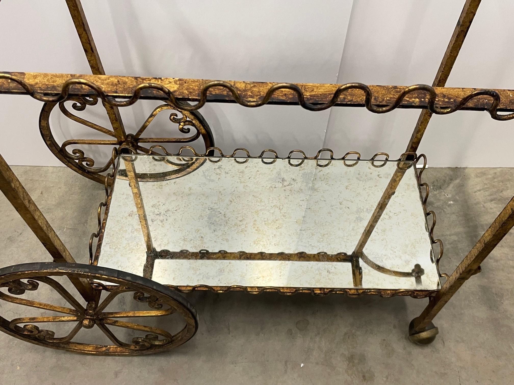 Mid-20th Century Elegant French Gilt Iron Bar Cart with Scalloped Galleries