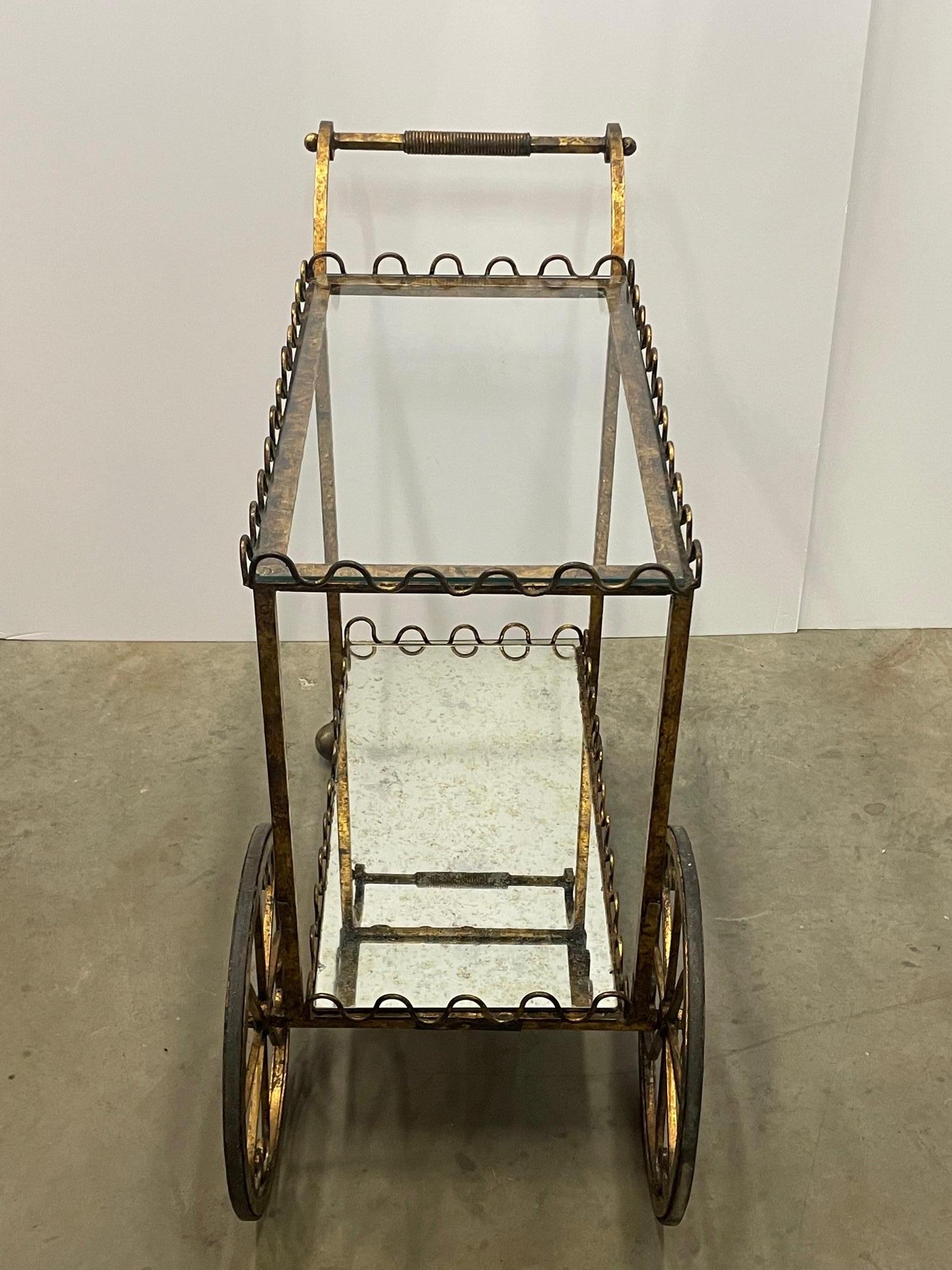 Glass Elegant French Gilt Iron Bar Cart with Scalloped Galleries