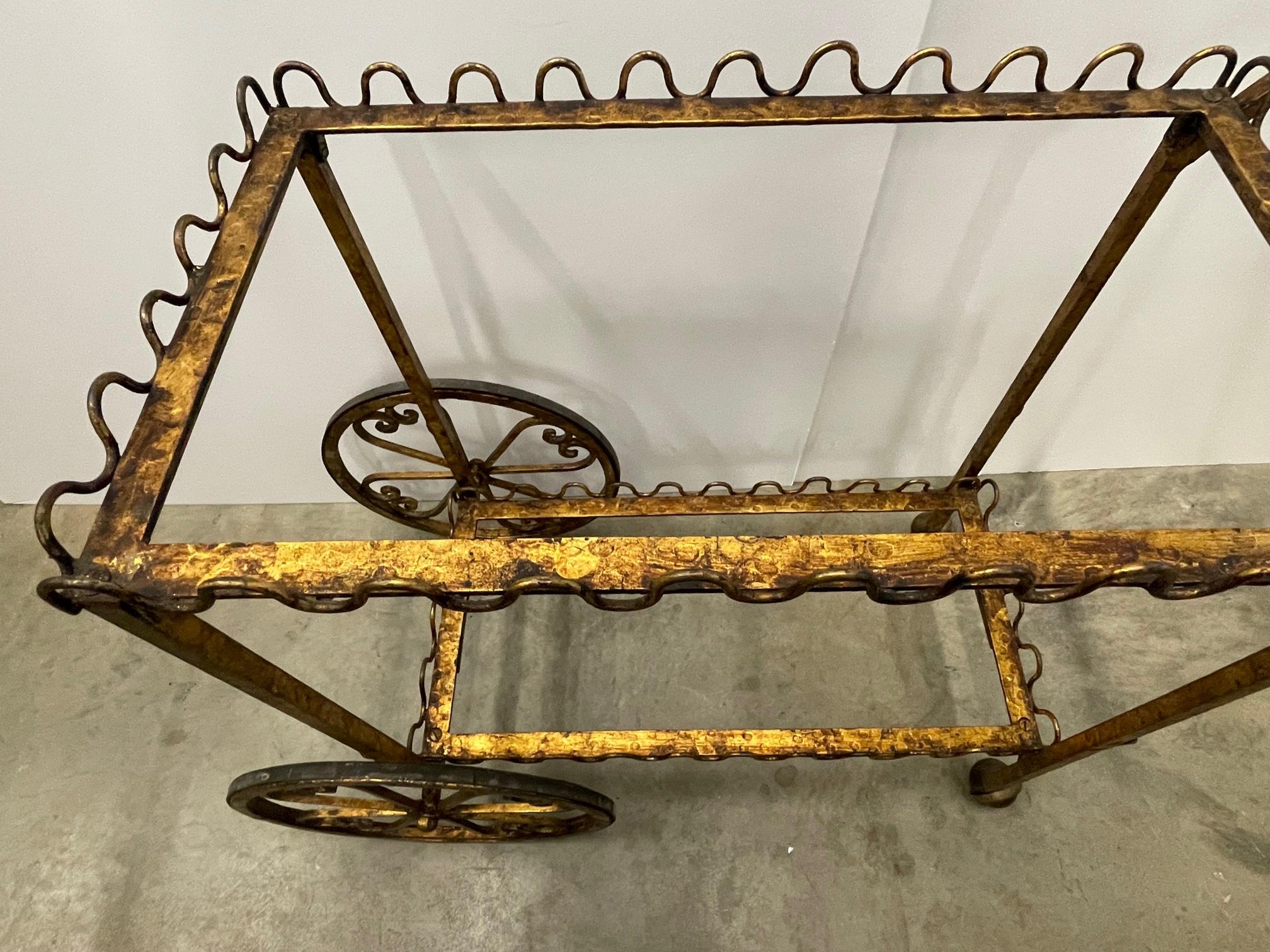 Elegant French Gilt Iron Bar Cart with Scalloped Galleries 1