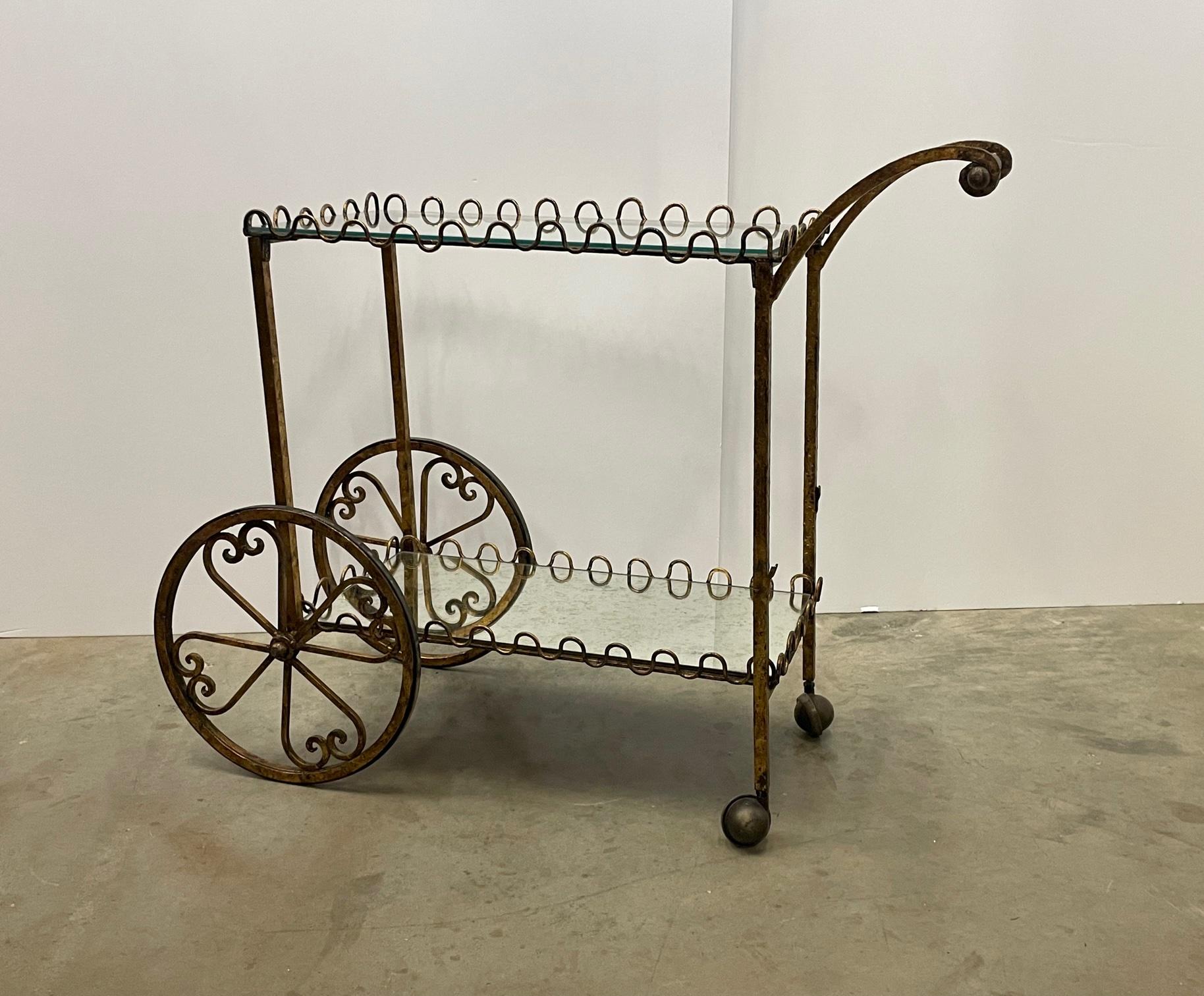 Elegant French Gilt Iron Bar Cart with Scalloped Galleries 2