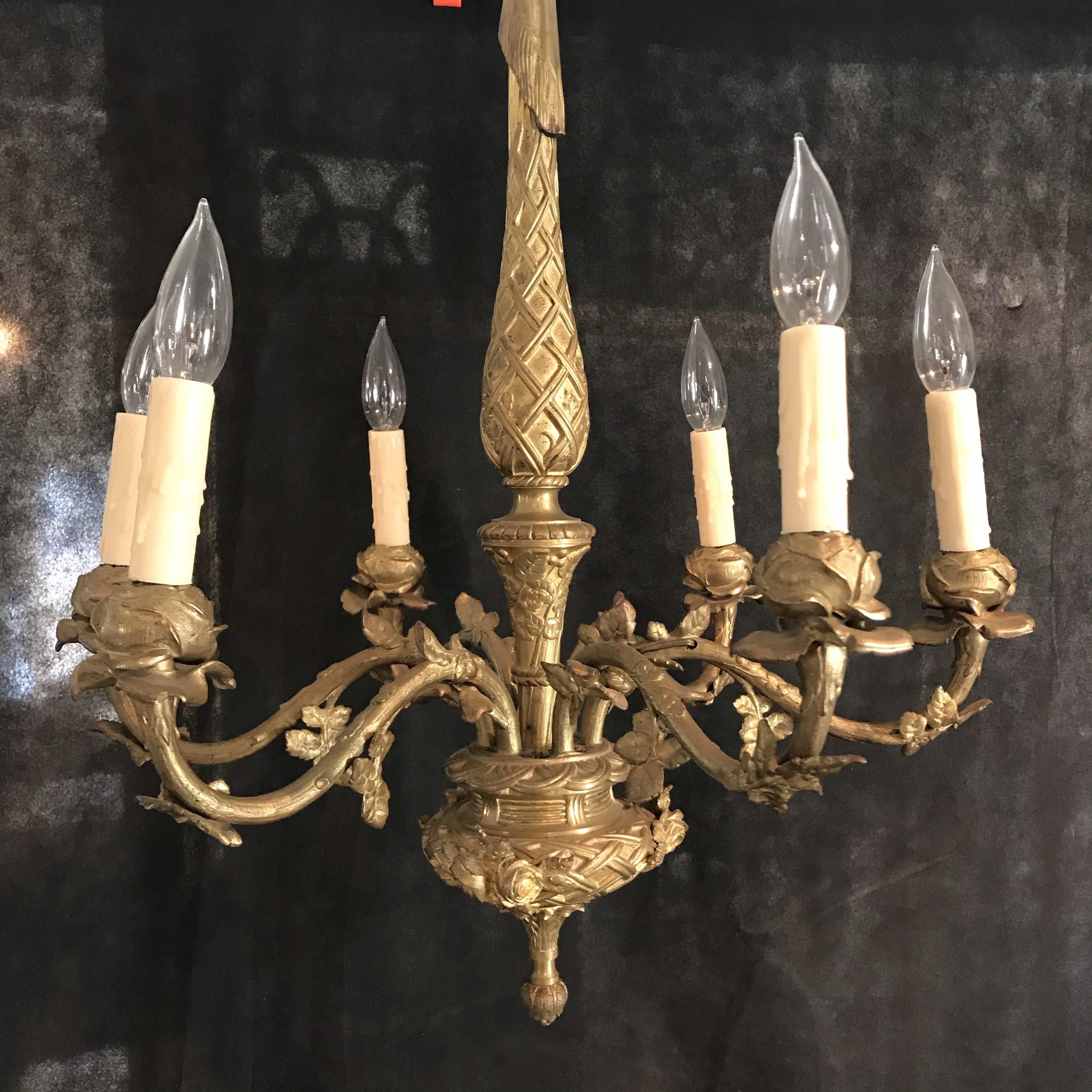 Elegant French Gold Gilt Bronze Six-Arm Chandelier In Good Condition For Sale In Hopewell, NJ