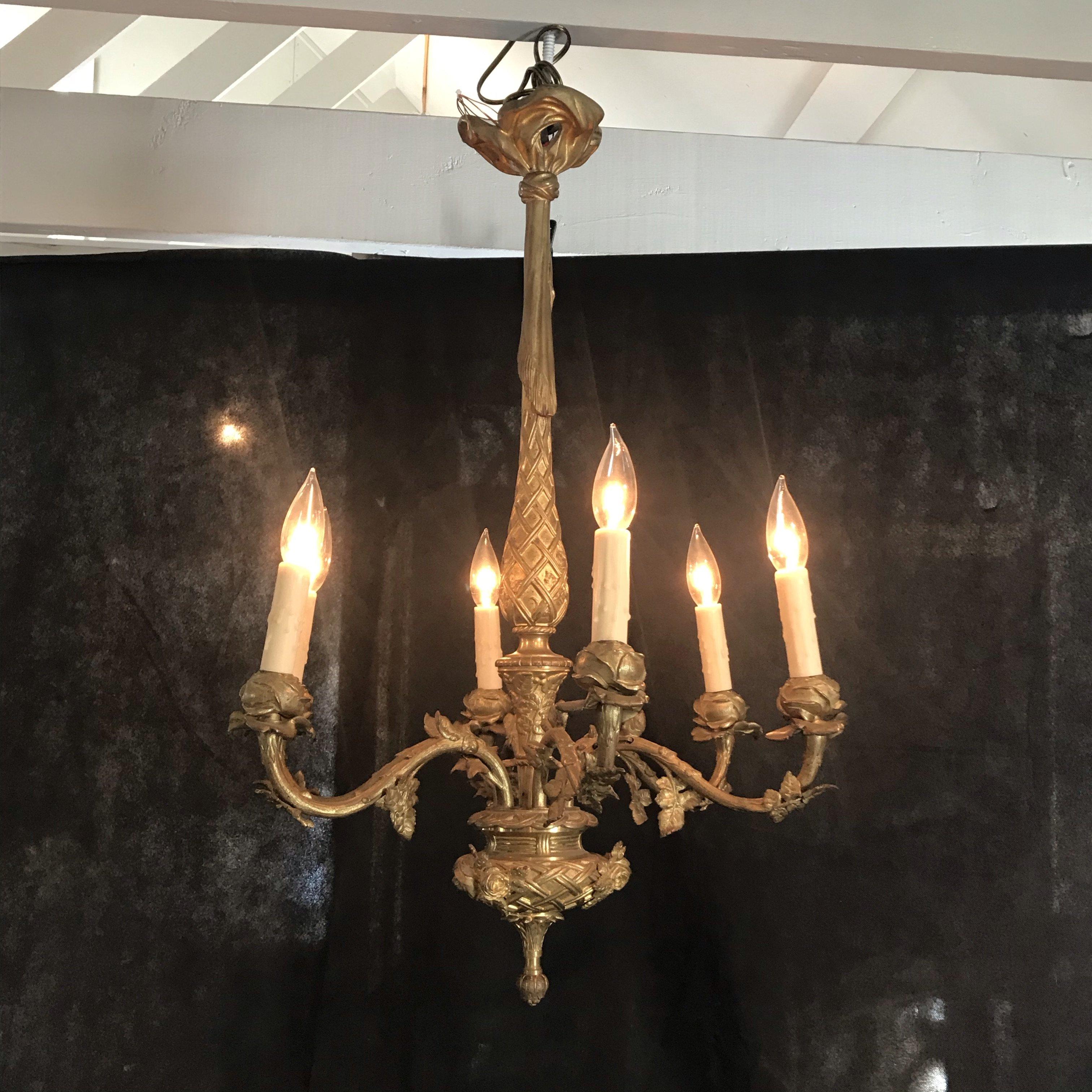 Early 20th Century Elegant French Gold Gilt Bronze Six-Arm Chandelier For Sale