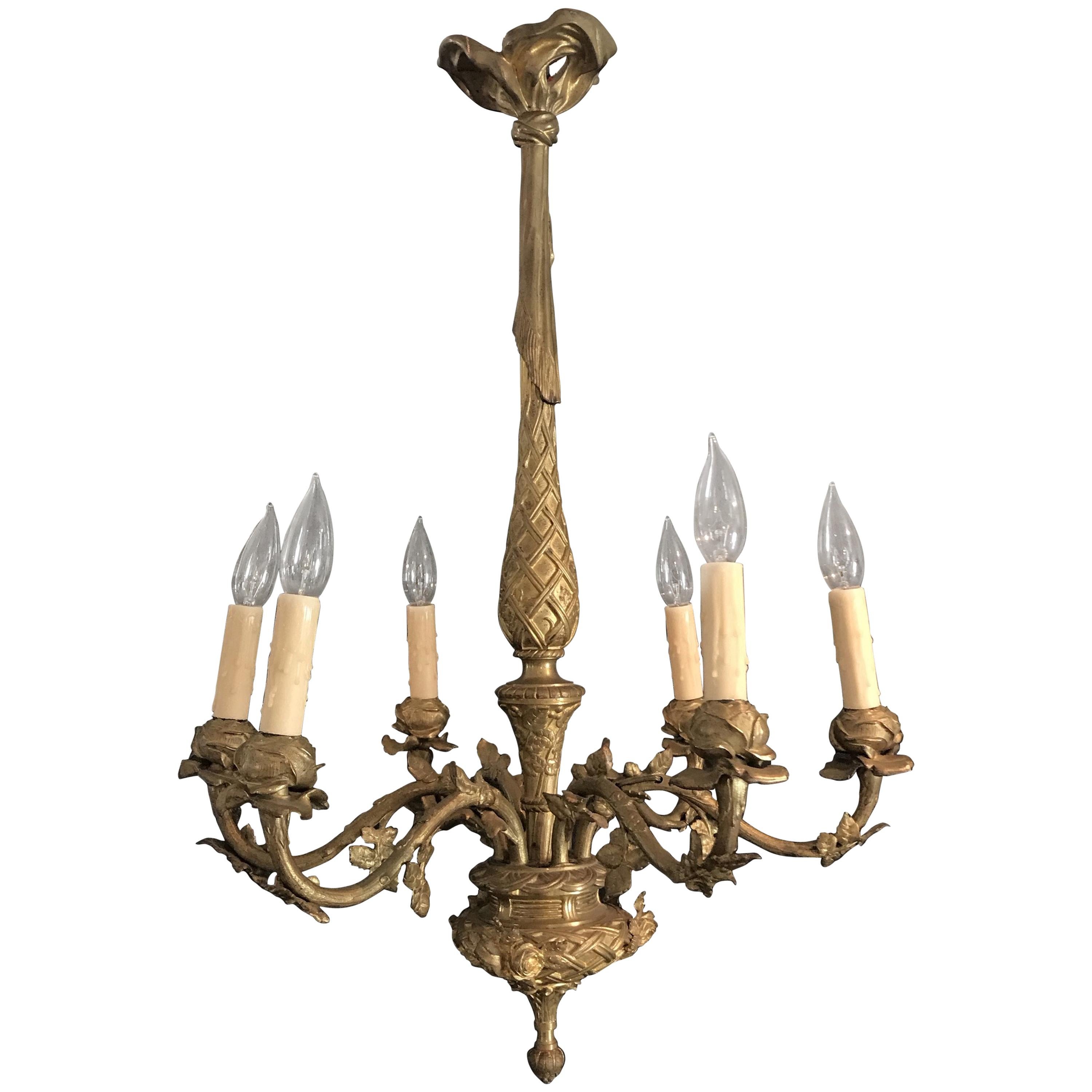 Elegant French Gold Gilt Bronze Six-Arm Chandelier