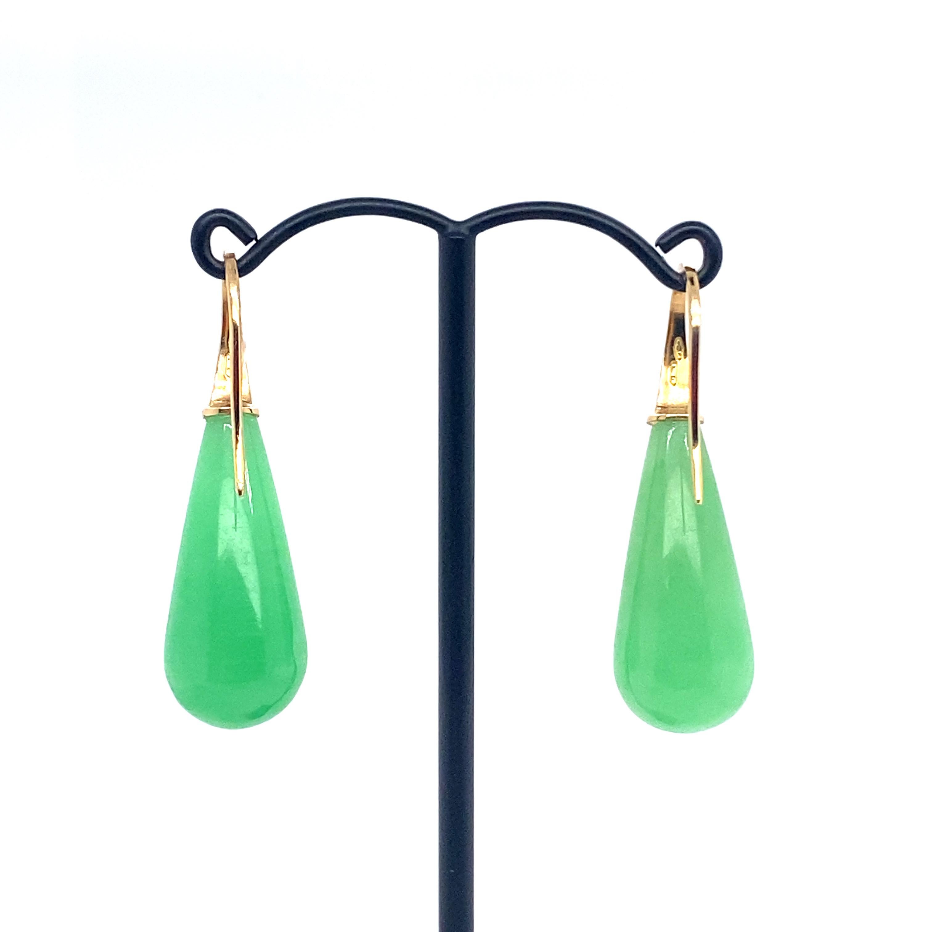 Oval Cut Elegant French Jade Drop Earrings Yellow Gold For Sale